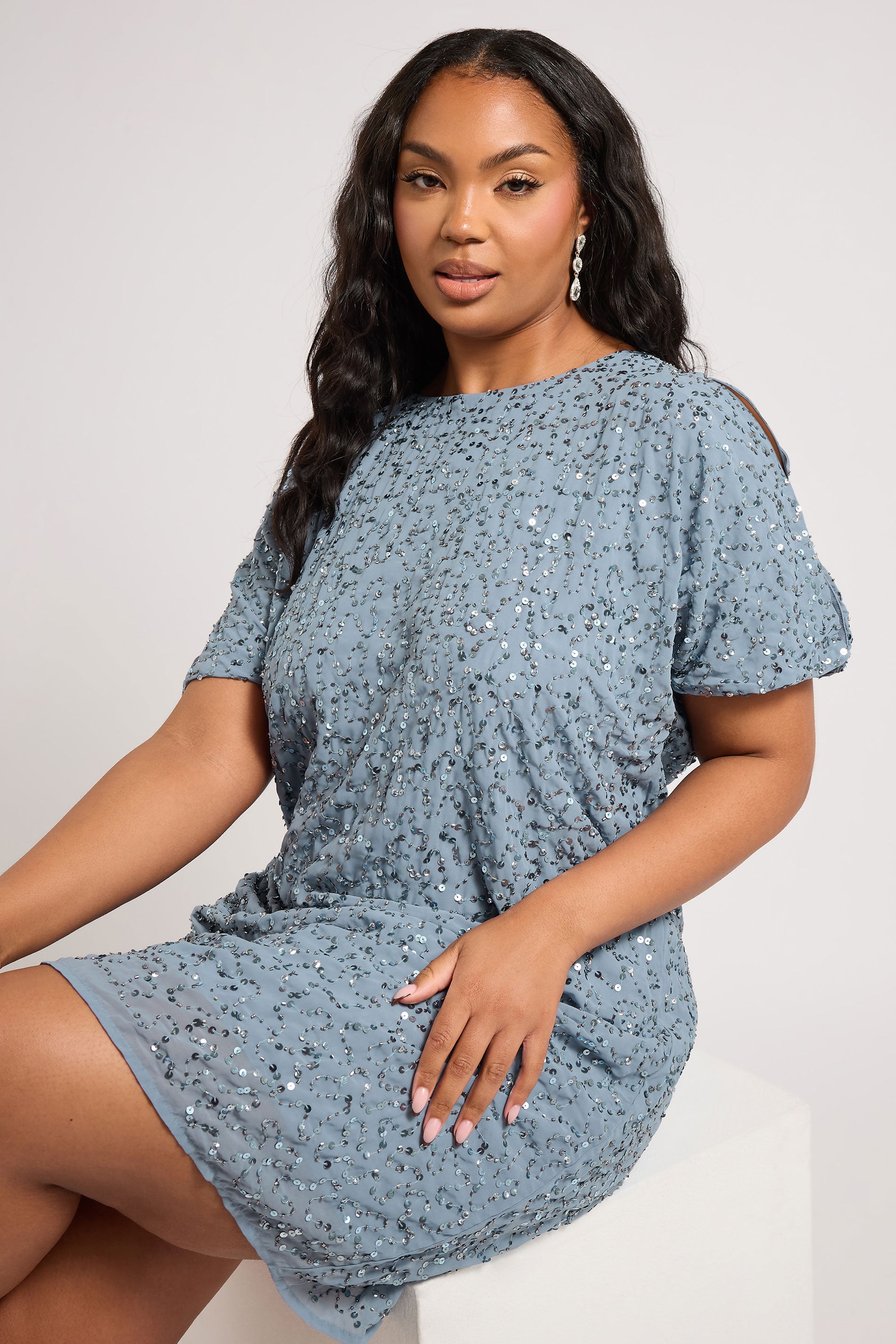 LUXE Plus Size Light Blue Sequin Hand Embellished Cape Dress | Yours Clothing 3