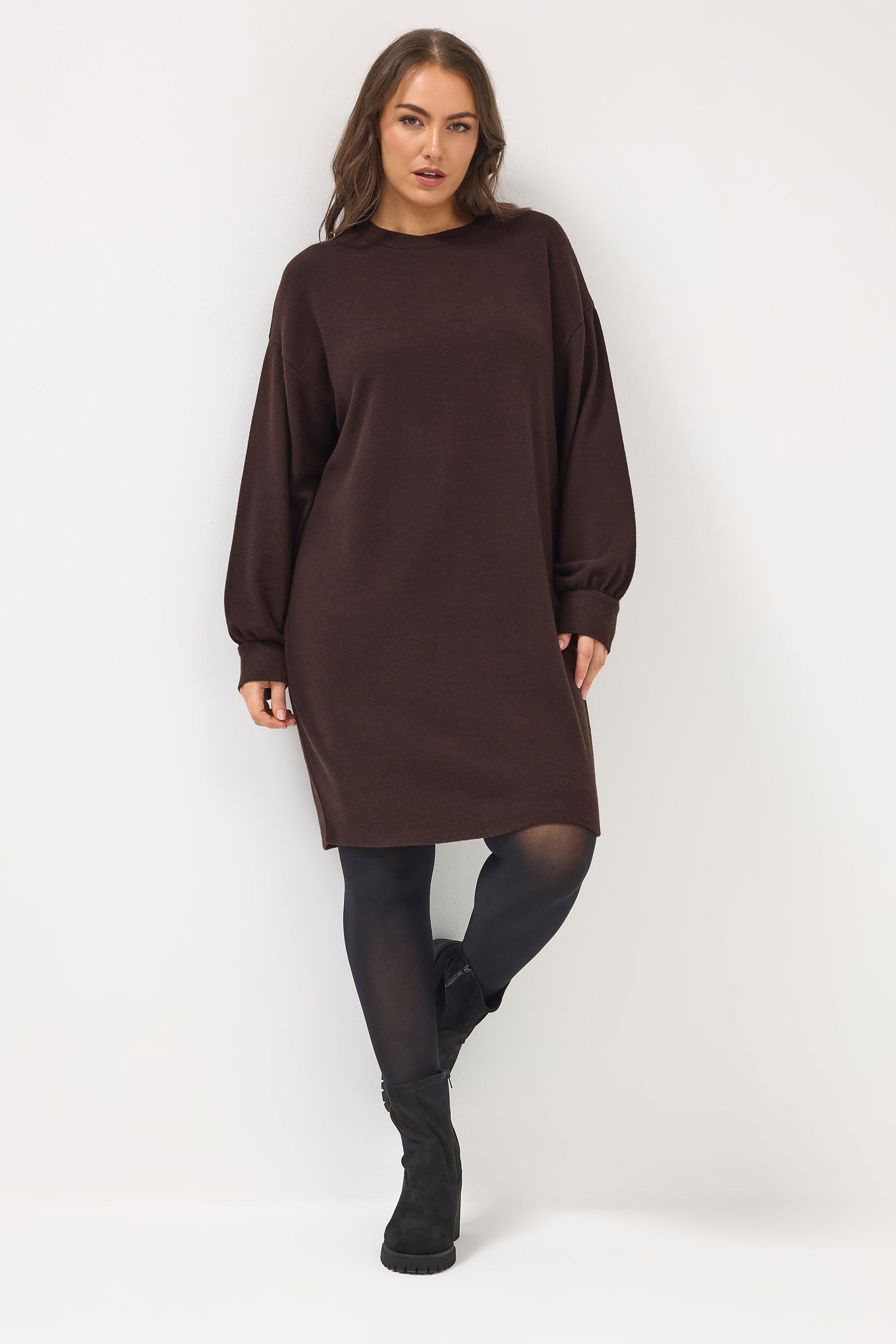 YOURS Plus Size Chocolate Brown Balloon Sleeve Sweatshirt Dress | Yours Clothing 3