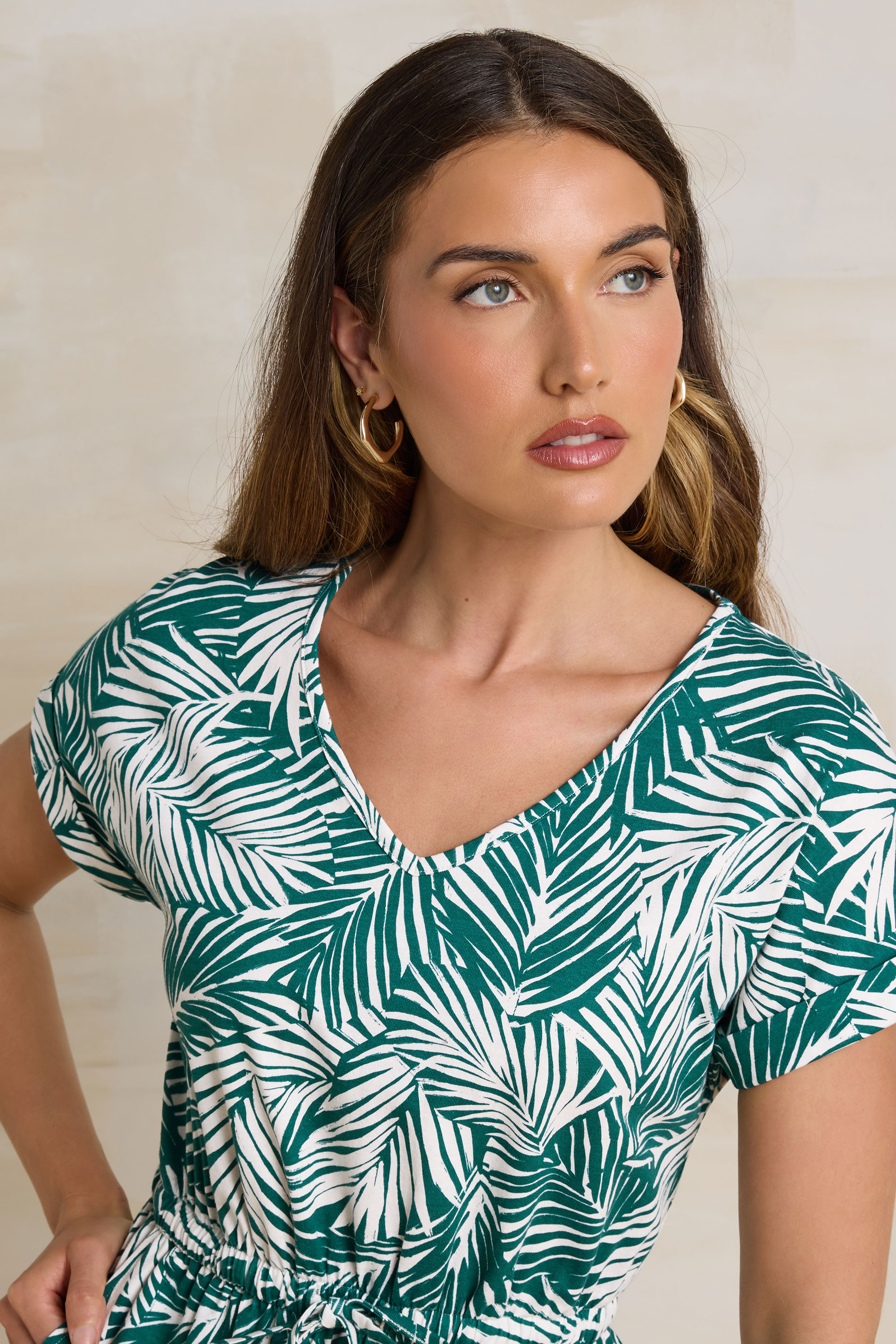 LTS Tall Green Tropical Palm Print Cotton Drawstring Maxi Dress | Long Tall Sally 5