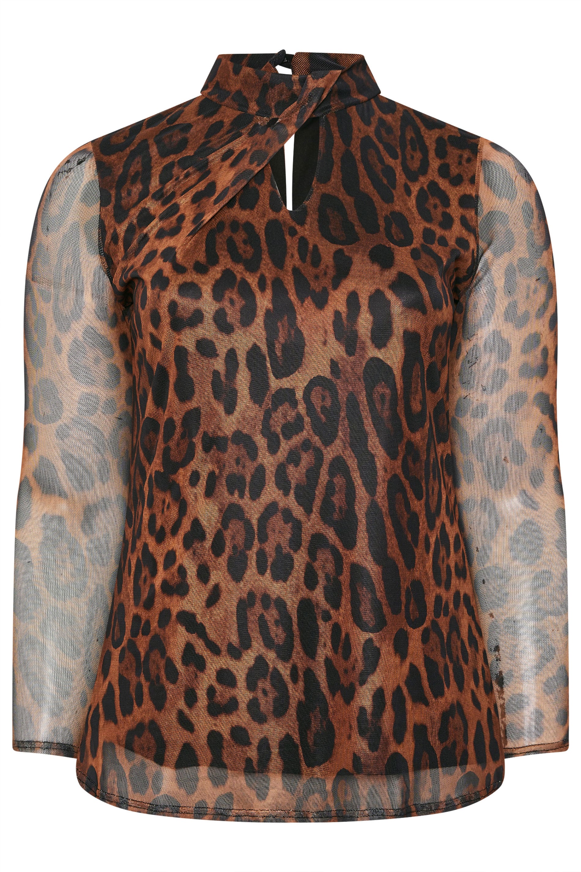YOURS LONDON Plus Size Brown Leopard Twist Neck Mesh Top | Yours Clothing 5
