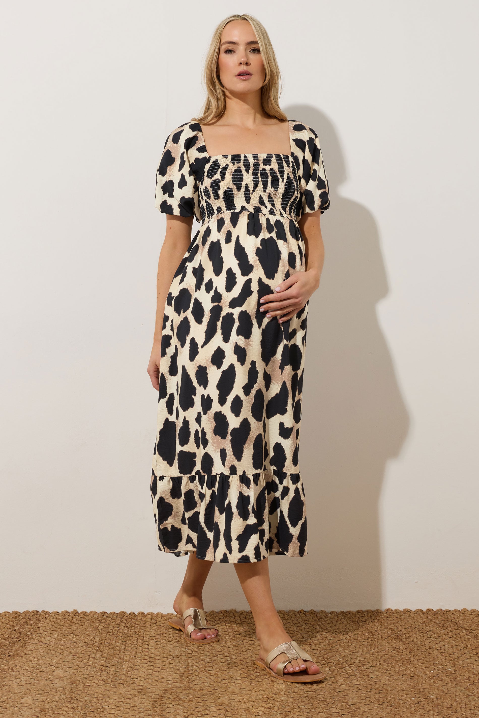 LTS Tall Maternity Premium Natural Brown Leopard Puff Sleeve Dress | Long Tall Sally 3