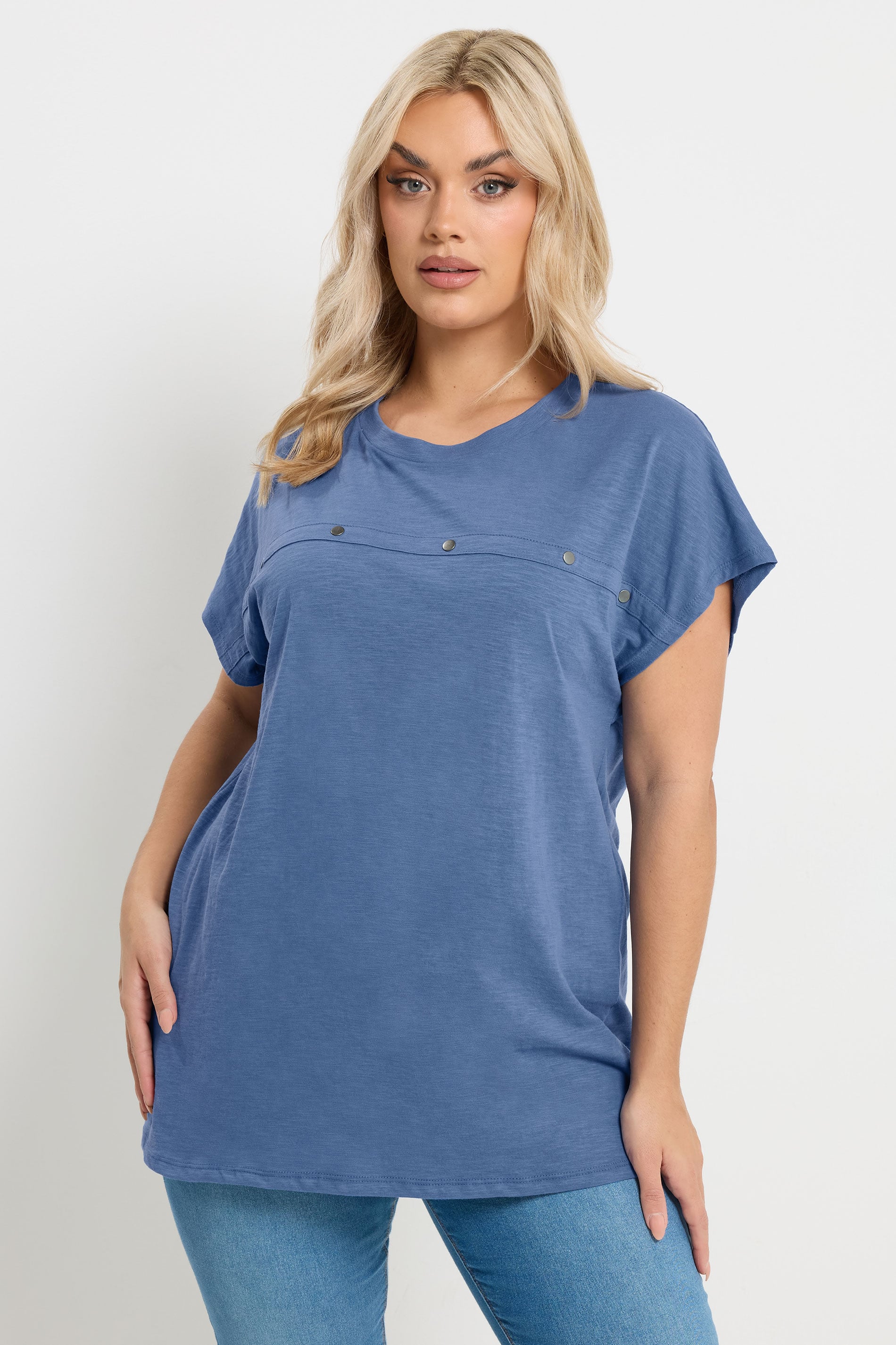 YOURS Plus Size Blue Stud Grown-On Sleeve T-Shirt | Yours Clothing 3