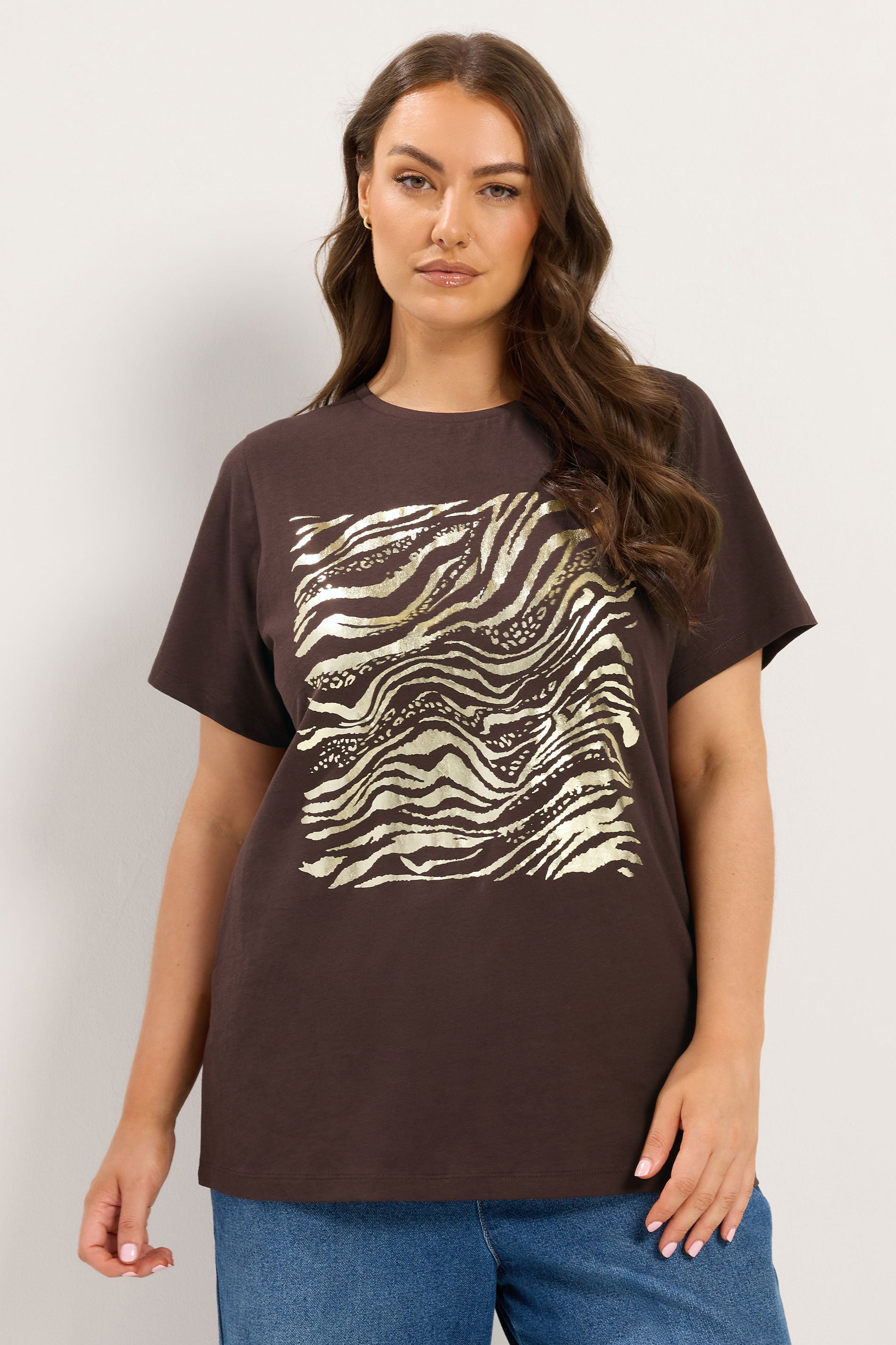 YOURS Plus Size Chocolate Brown Zebra Foil T-Shirt | Yours Clothing 3
