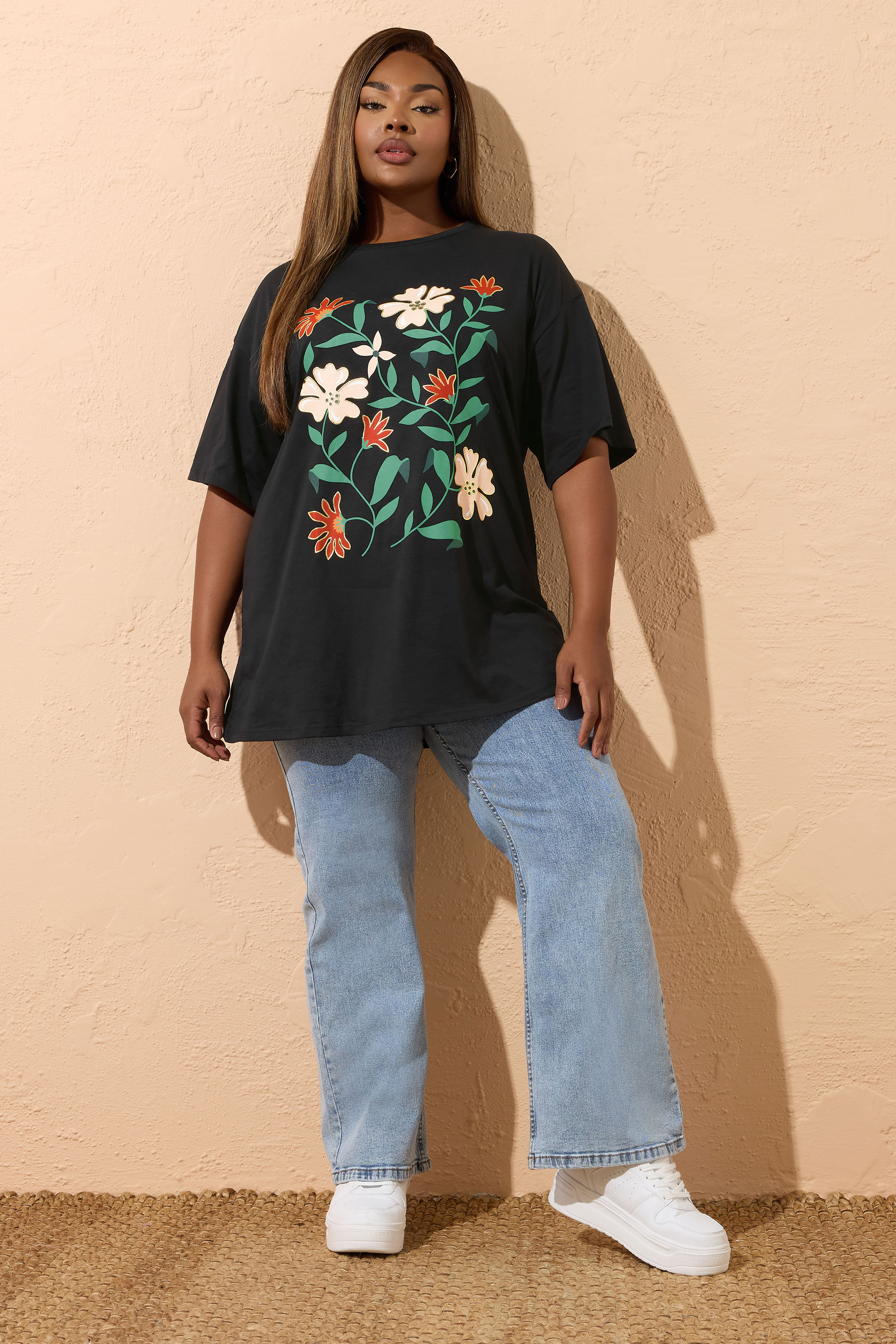 YOURS Plus Size Black Floral Print T-Shirt | Yours Clothing 1