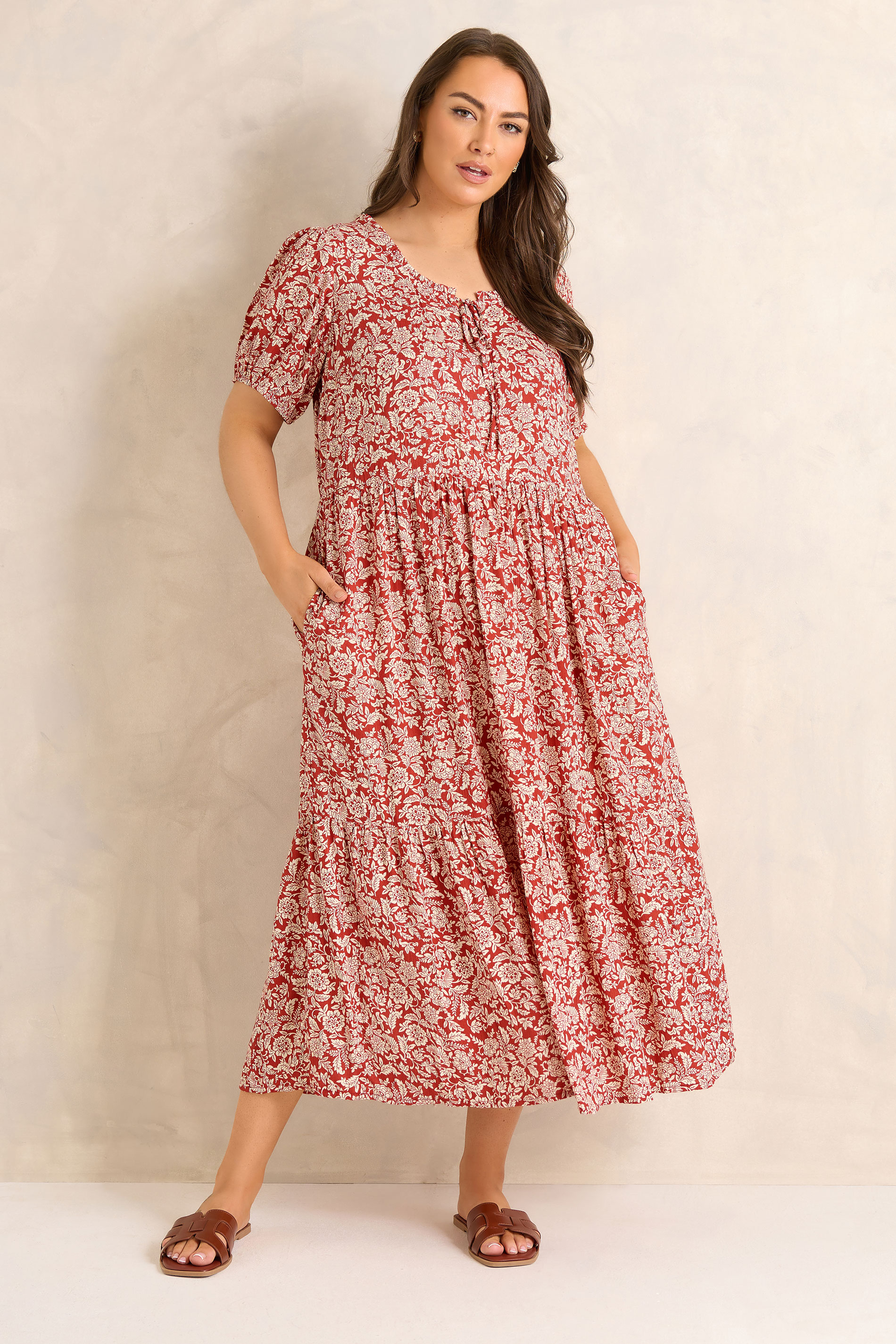 EVANS Plus Size Orange Ditsy Tie Neck Dress | Evans 1
