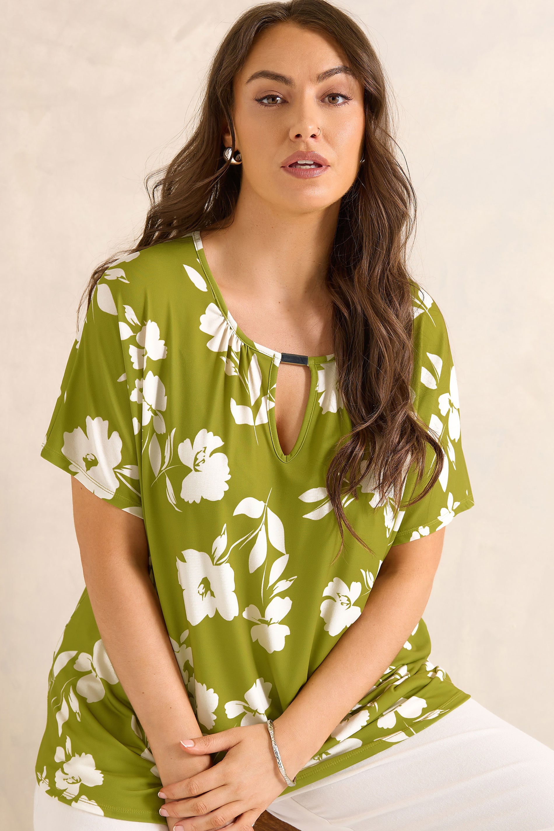 Evans Women's Green Plus Chartreuse Floral Print Bar Detail Top Size 30-32
