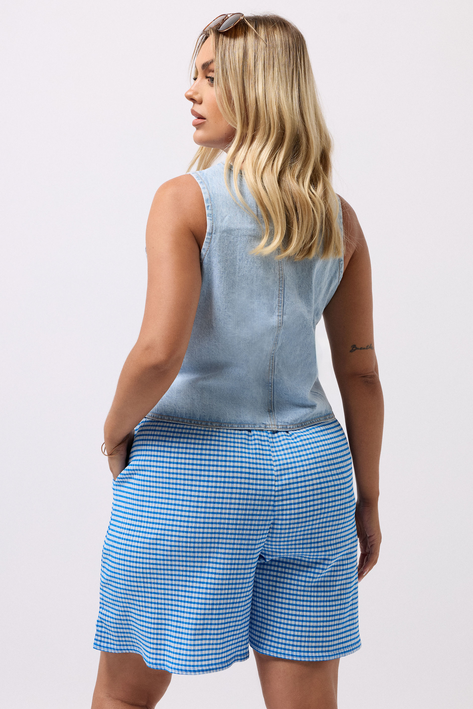 YOURS Plus Size Blue Gingham Textured Shorts | Yours Clothing 2