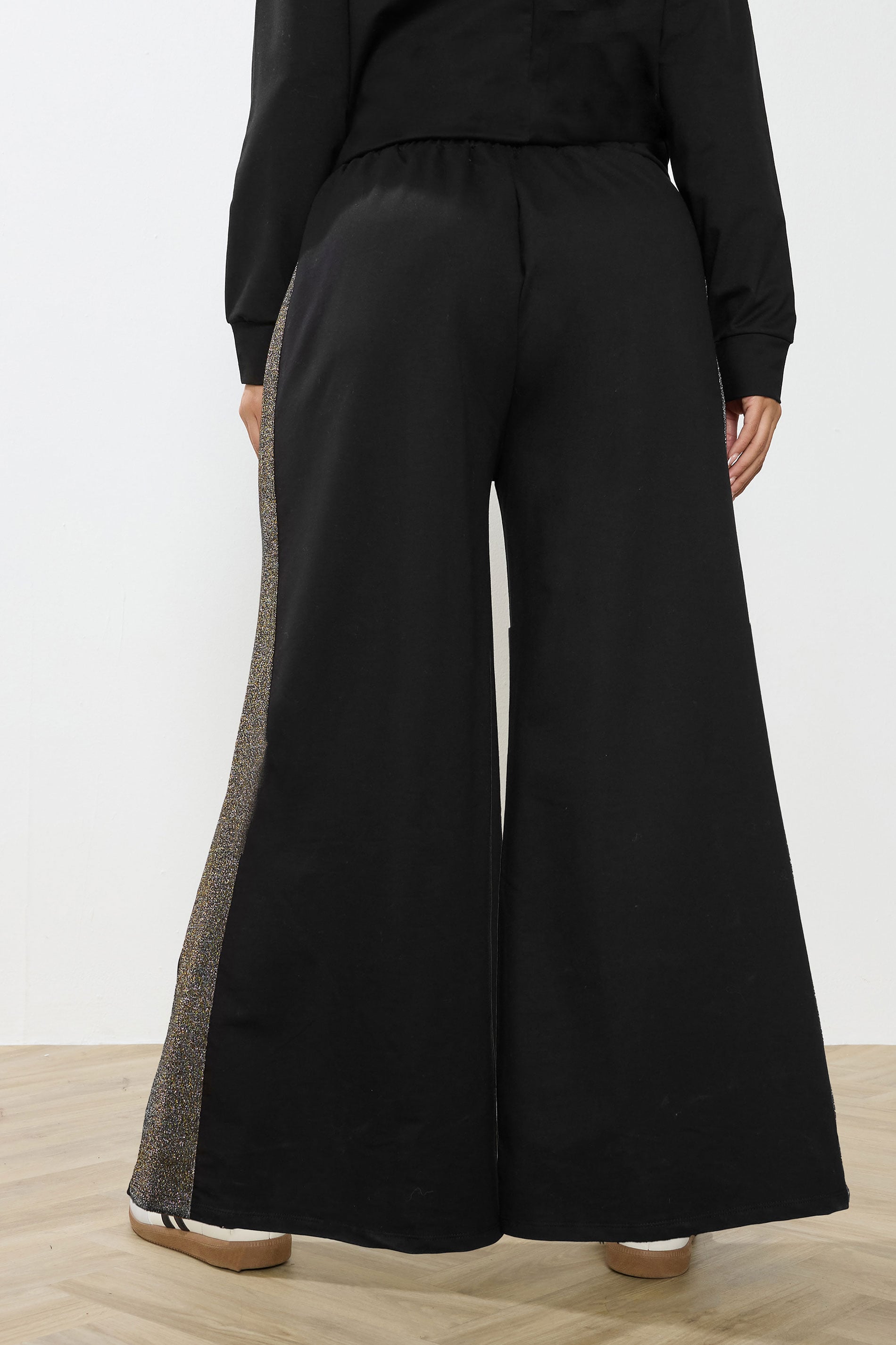 YOURS Plus Size Black Shimmer Side Stripe Wide Leg Joggers | Yours Curve 2