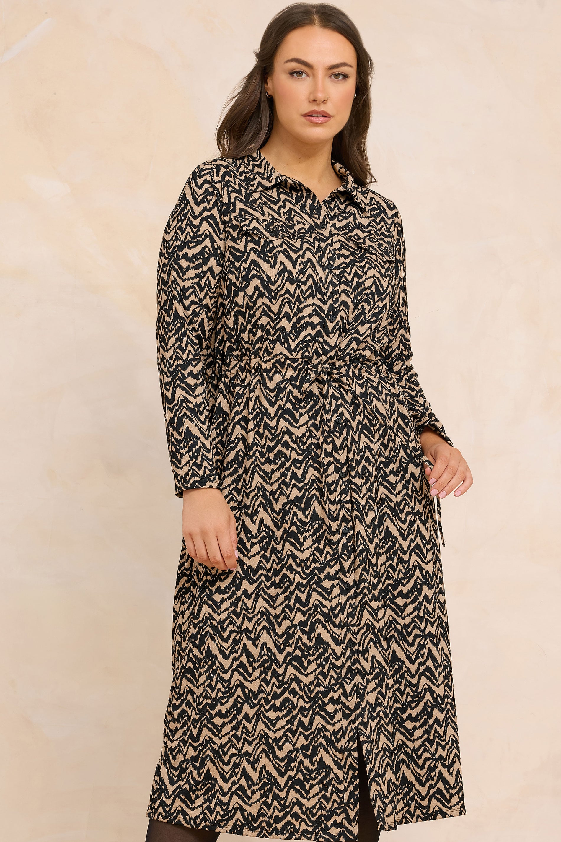 Evans Women's Brown Plus Natural Abstract Print Crepe Midi Shirt Dress Size 18