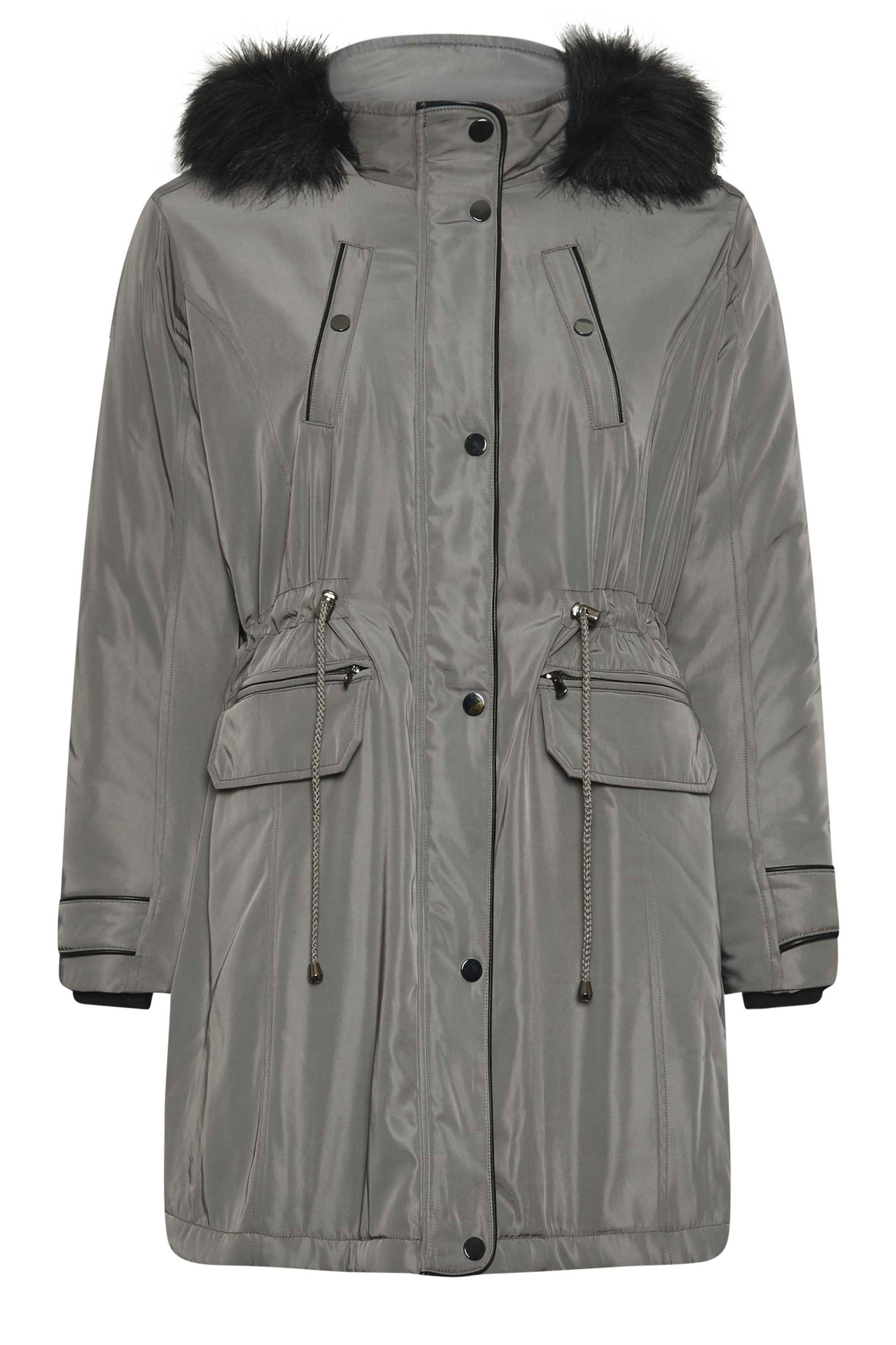 YOURS Plus Size Charcoal Grey Faux Fur Trim Plush Parka Jacket | Yours Clothing 8