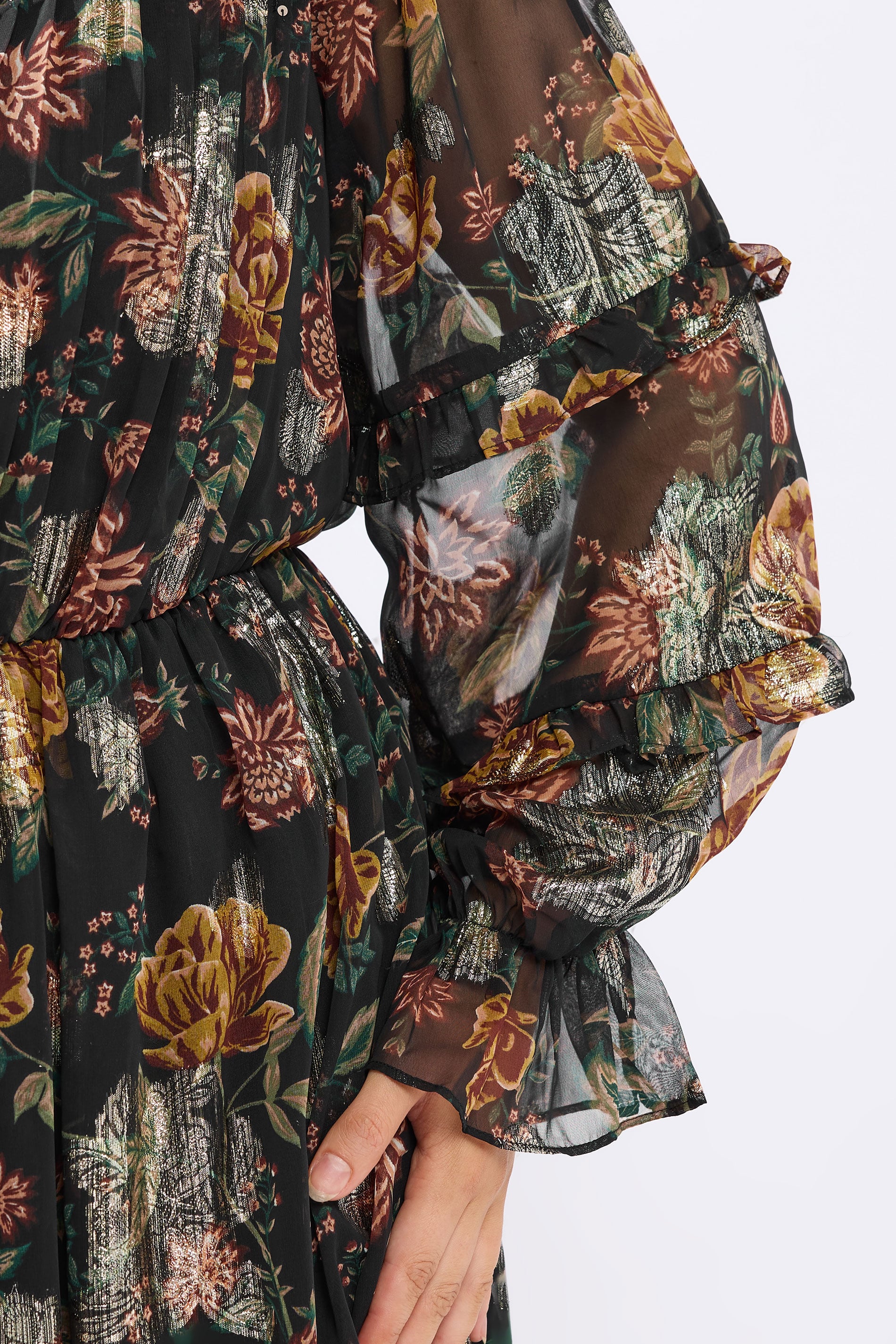 YOURS Plus Size Black Floral Metallic Tie Neck Mini Dress | Yours Clothing 5