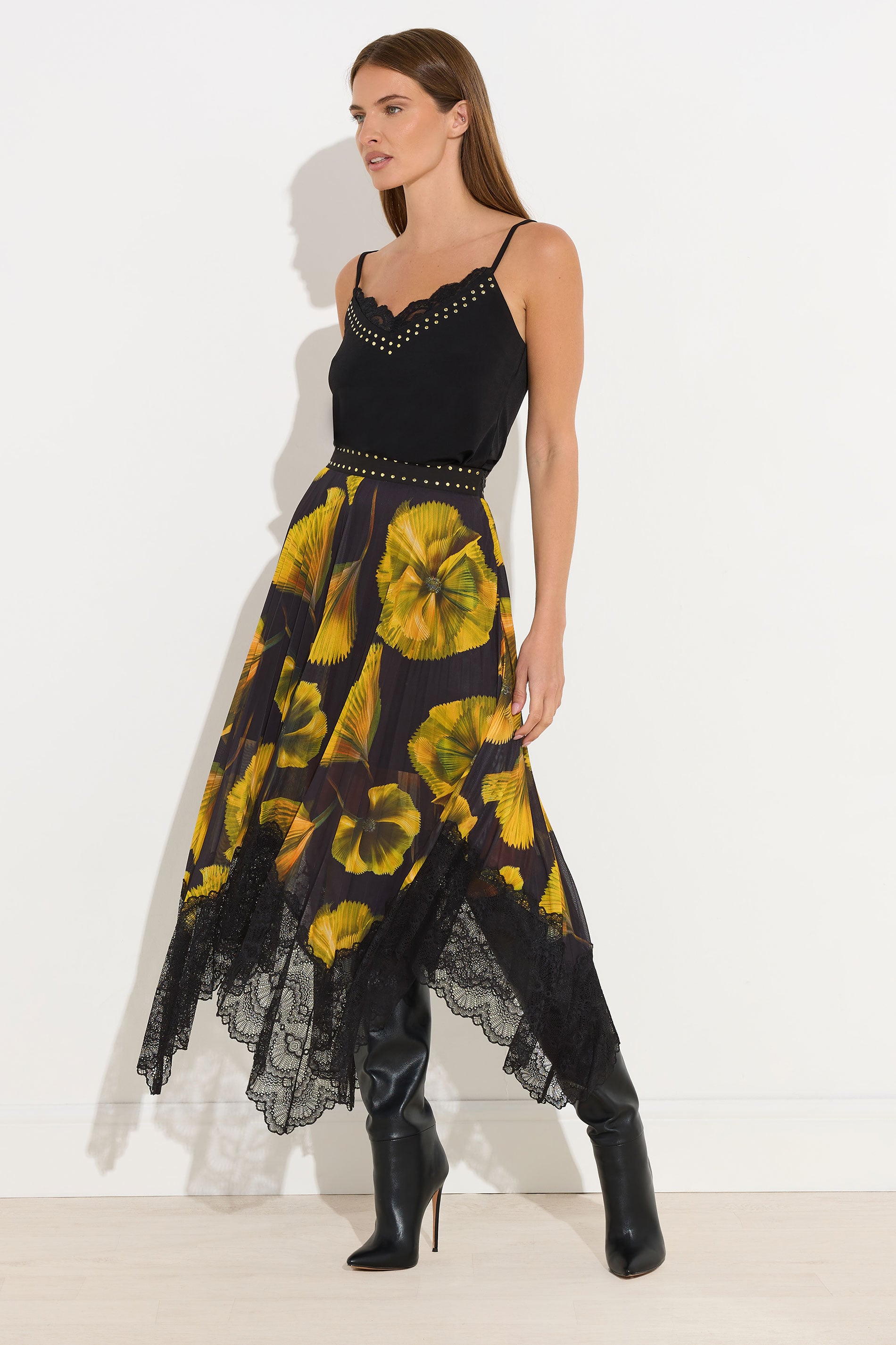 STAR Yellow Floral Pleated Mesh Skirt | StarByJM 3