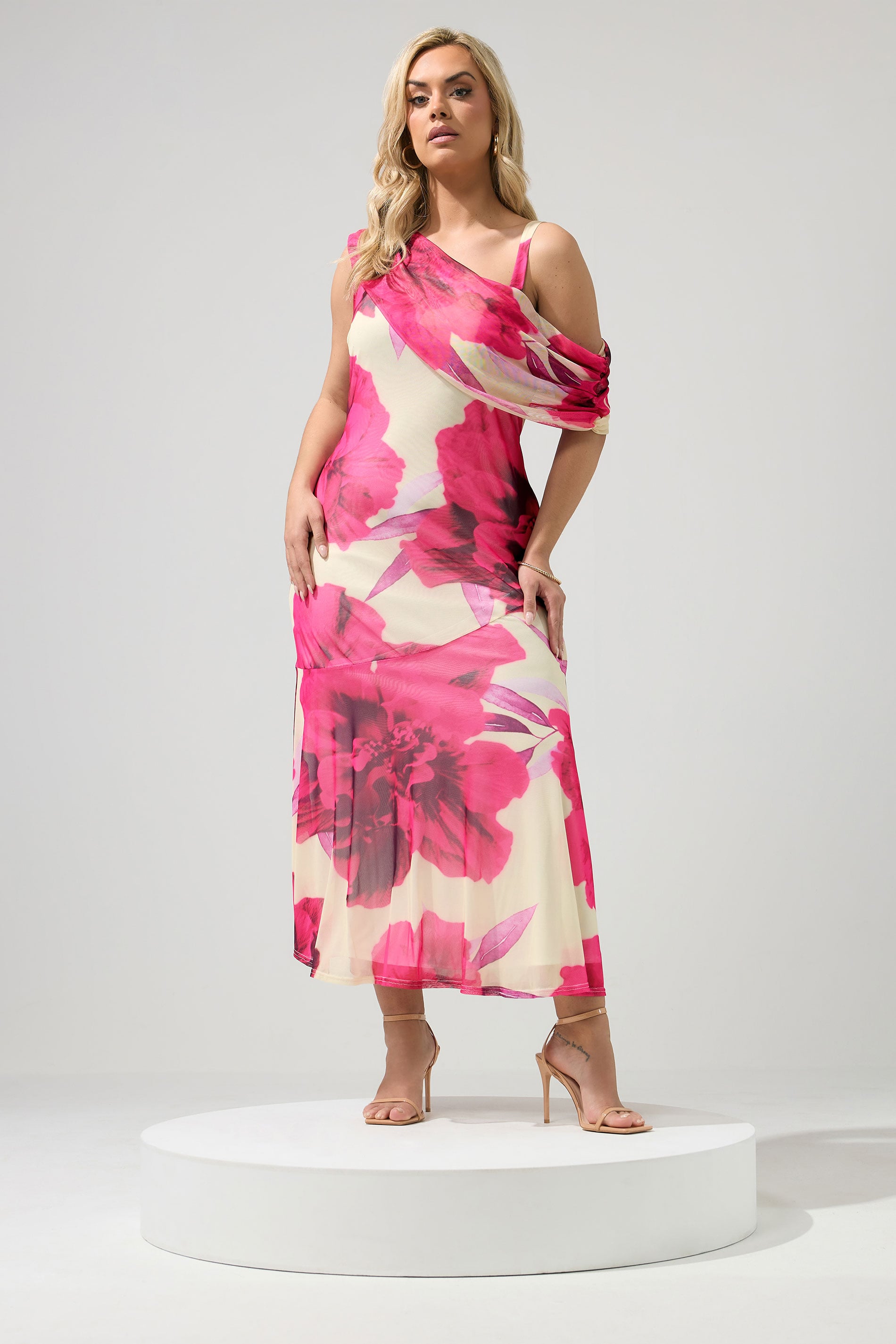 YOURS LONDON Plus Size White Blurred Floral Drape Shoulder Dress | Yours Clothing 3