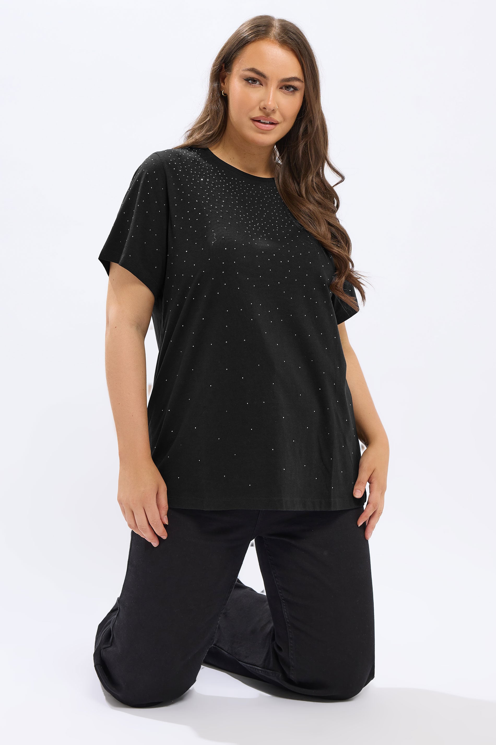 YOURS Plus Size Black Diamante Embellished T-Shirt | Yours Clothing 3