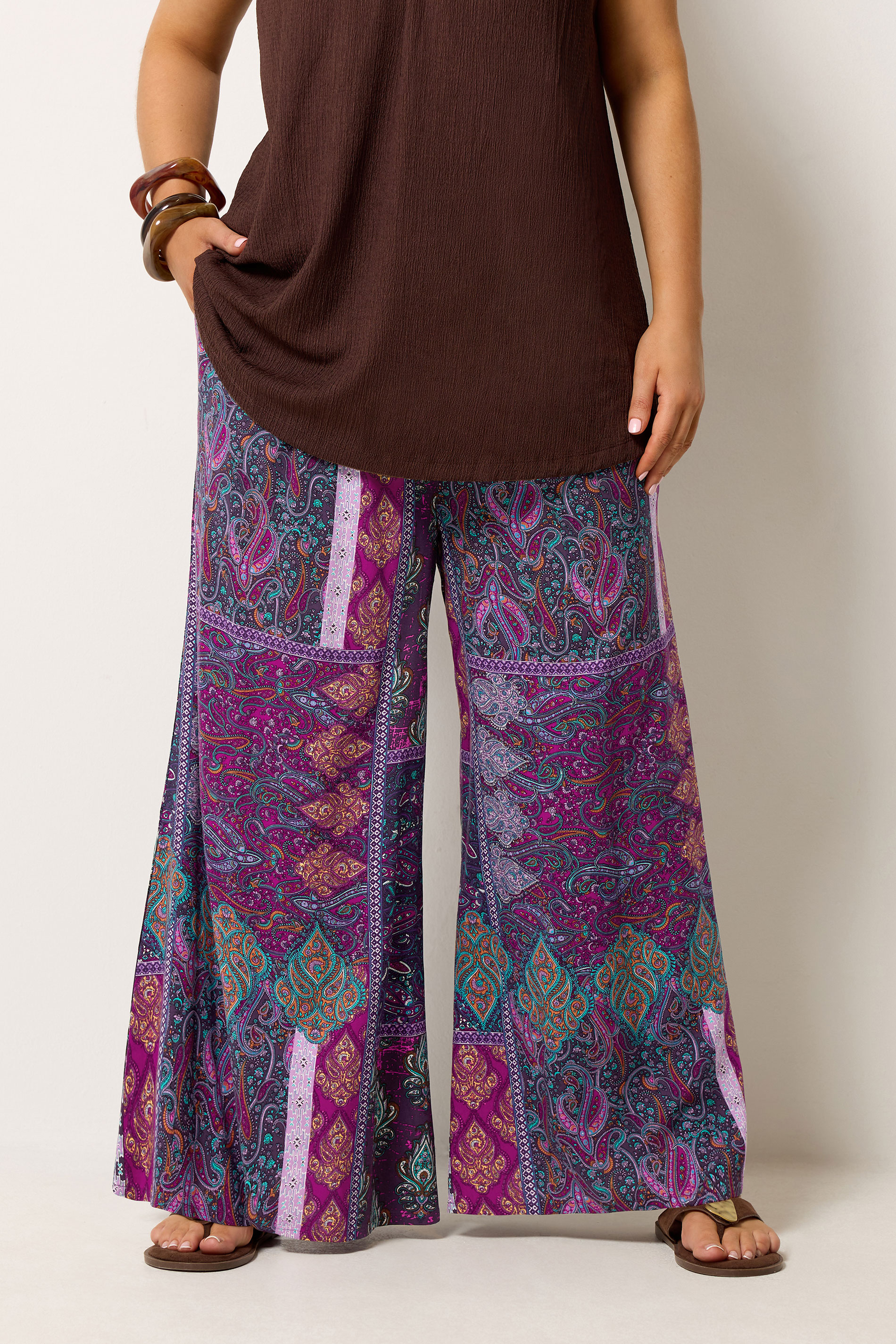 YOURS Plus Size Purple Paisley Shirred Waist Trousers | Yours Clothing 3