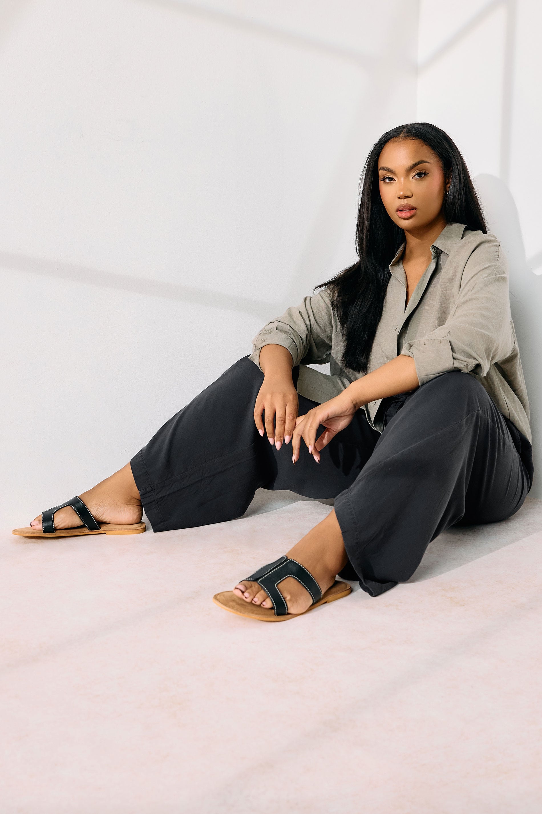 YOURS Plus Size Black Chambray Tie Front Wide Leg Trousers | Yours Clothing 2