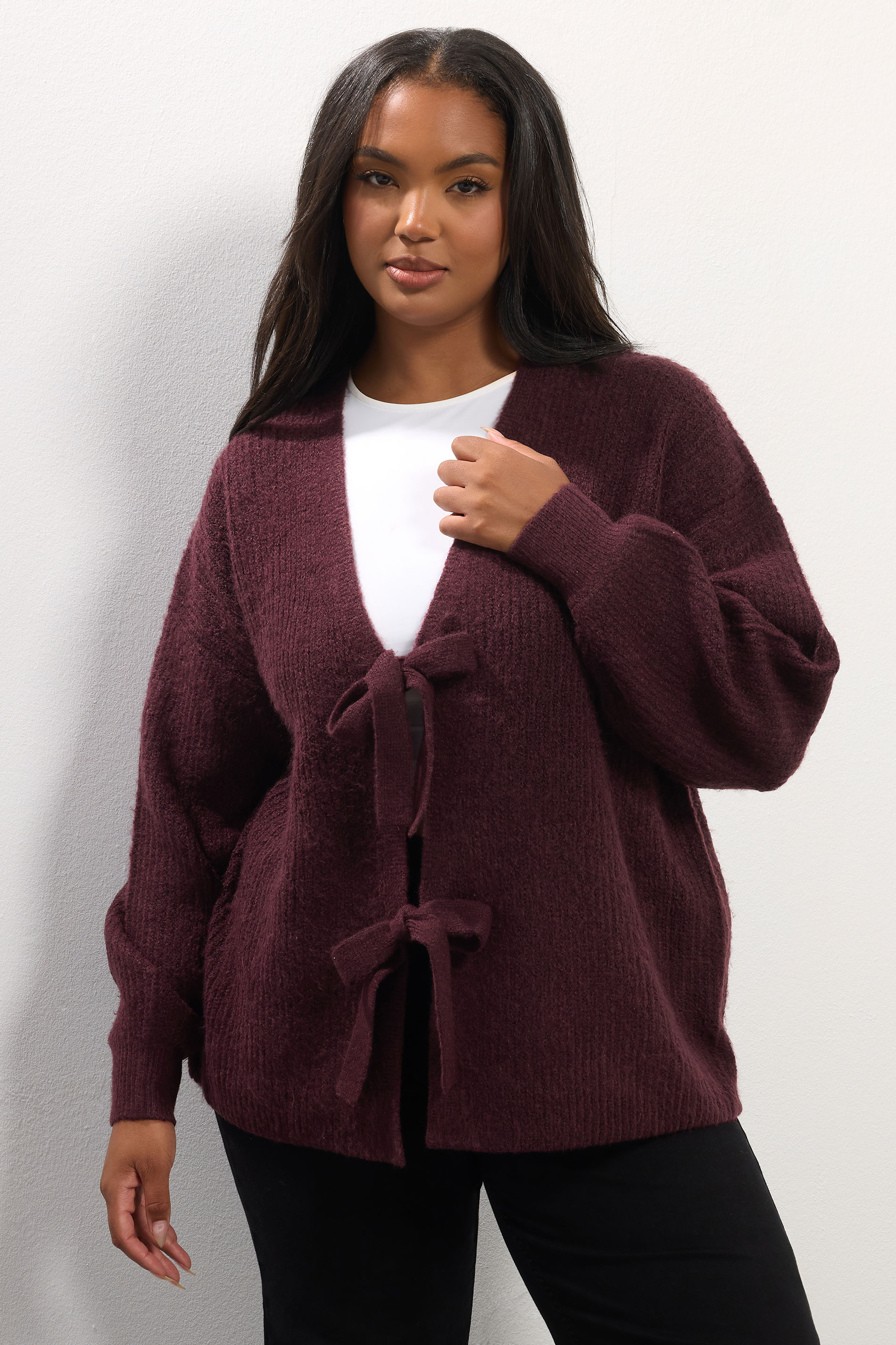 YOURS Plus Size Wine Red Bow Tie Front Cardigan | Yours Clothing 3