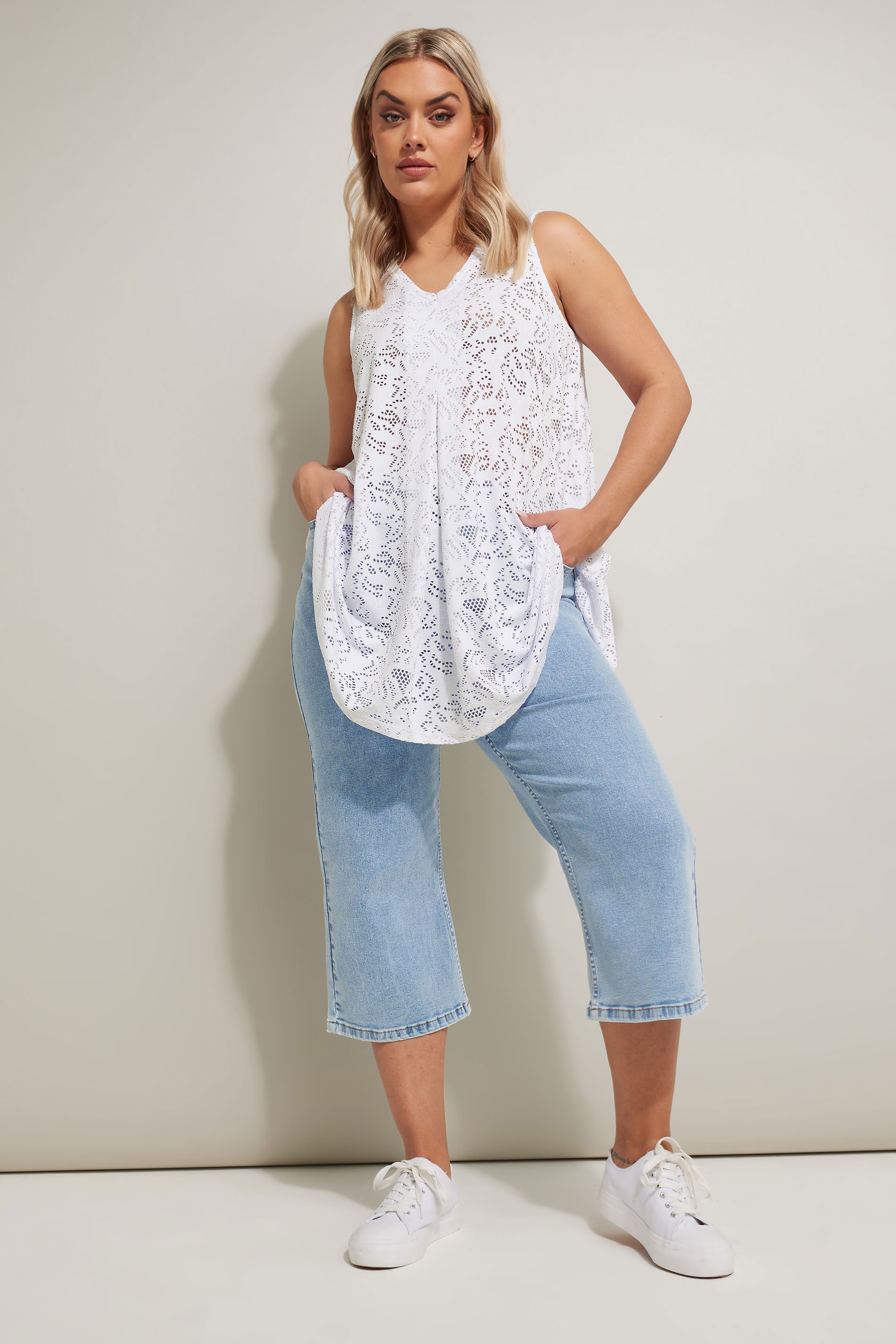 YOURS Plus Size White Broderie Anglaise Pleat Front Swing Vest Top | Yours Curve 2