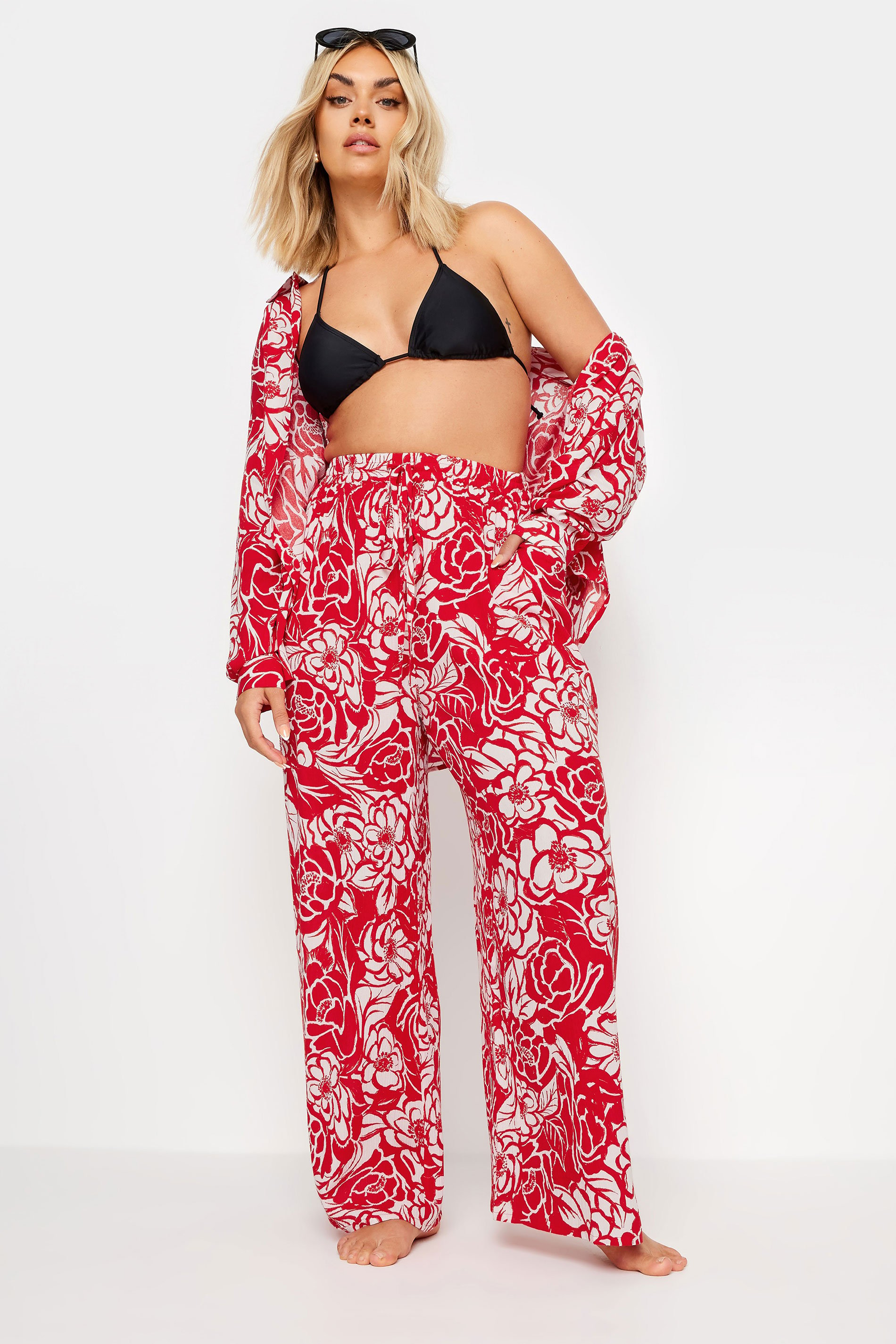 YOURS Plus Size Red Floral Print Crinkle Beach Shirt | Yours Clothing 2