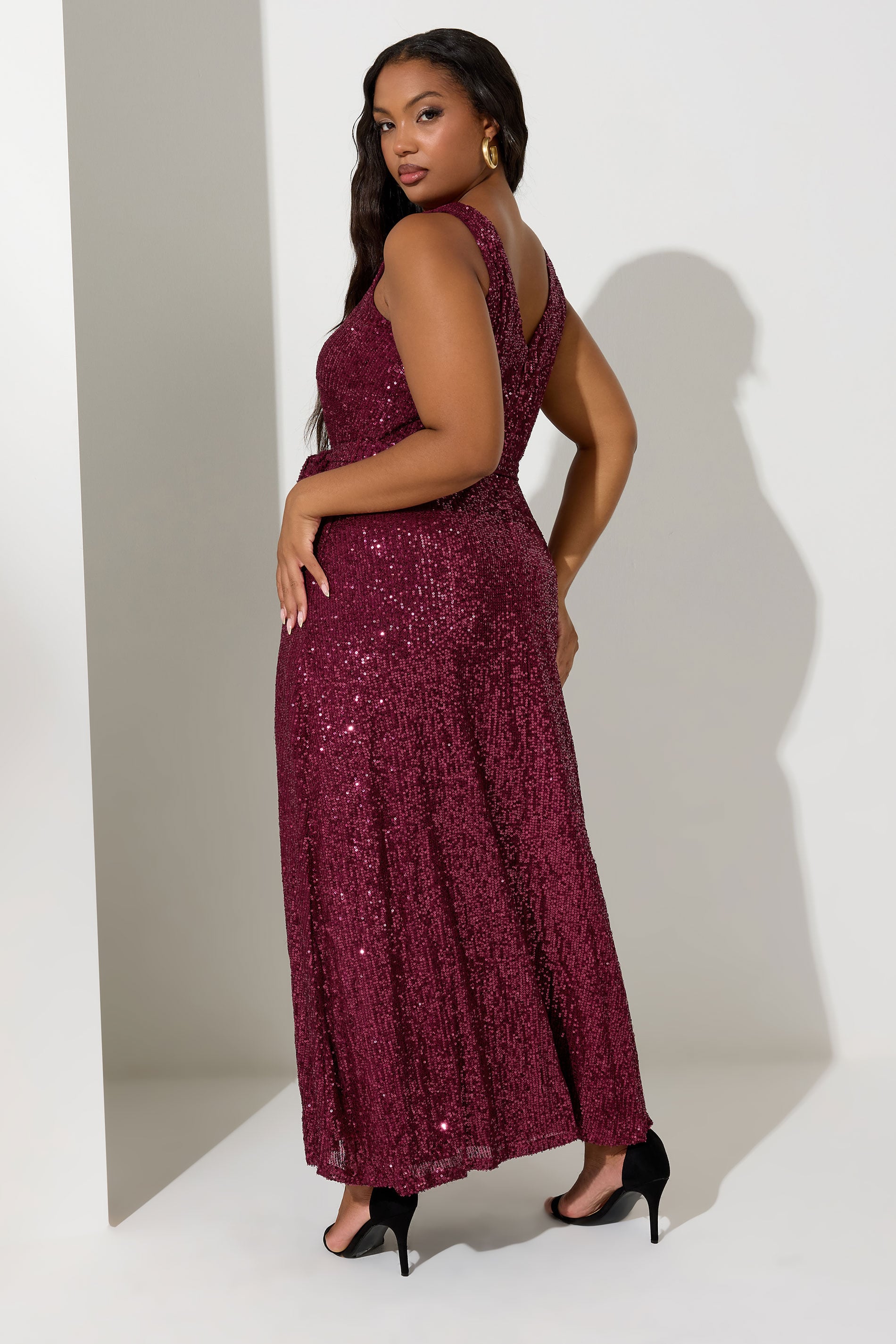 YOURS LONDON Plus Size Burgundy Red Sequin V-Neck Maxi Dress | Yours Clothing 2