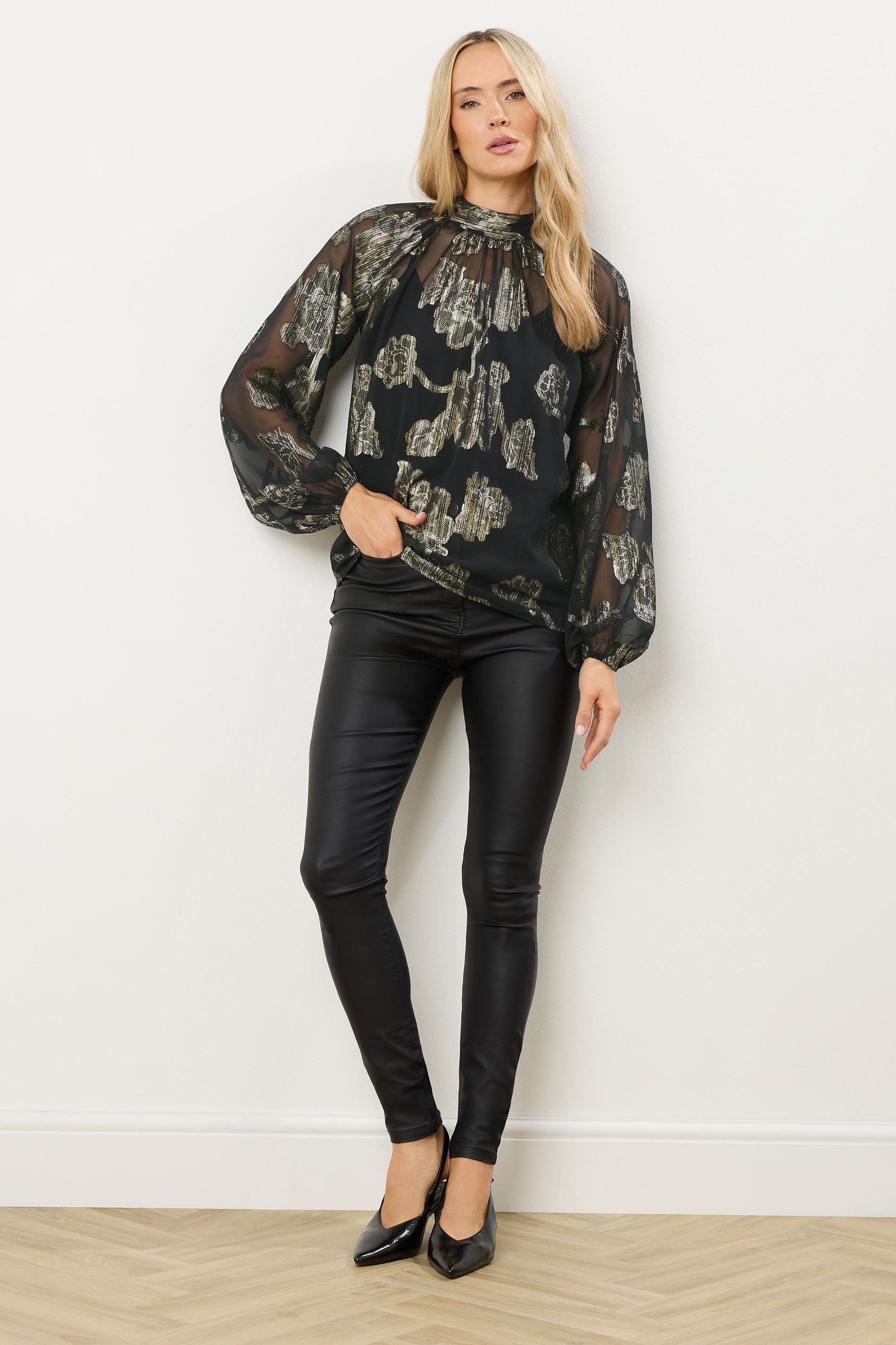 LTS Tall Black Floral Jacquard High Neck Blouse | Long Tall Sally 1
