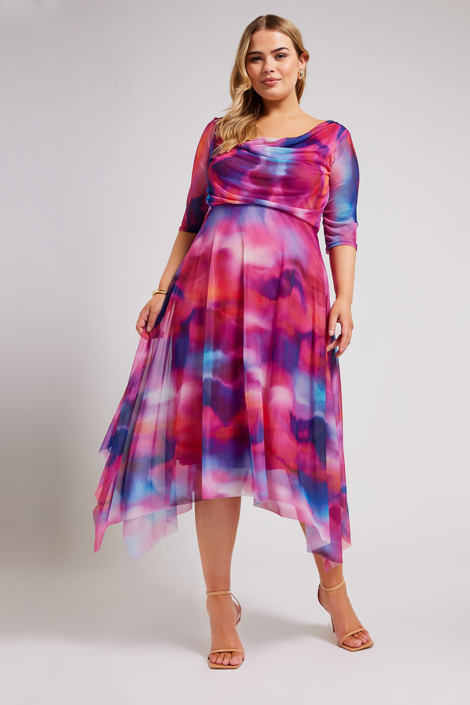 YOURS LONDON Plus Size Pink Cowl Neck Mesh Midi Dress | Yours Clothing 2