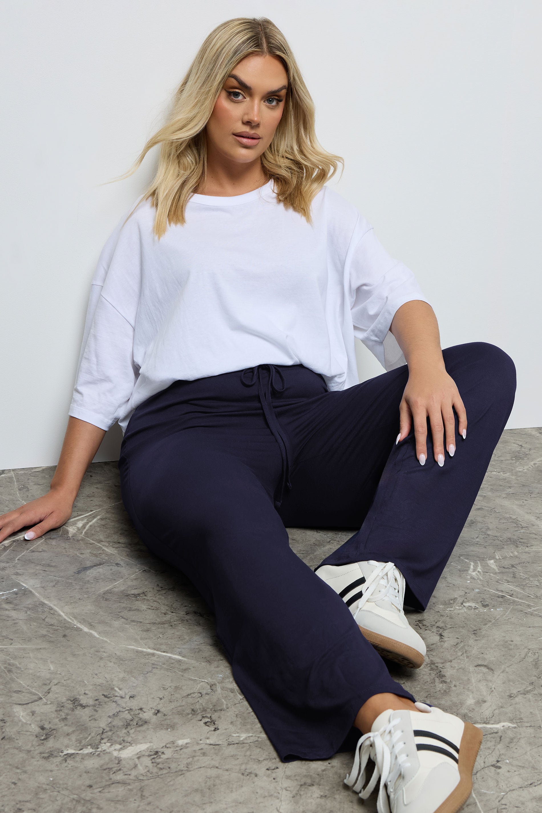 Plus Size Navy Blue Wide Leg Pull On Stretch Jersey Yoga Pants | Yours Clothing 1
