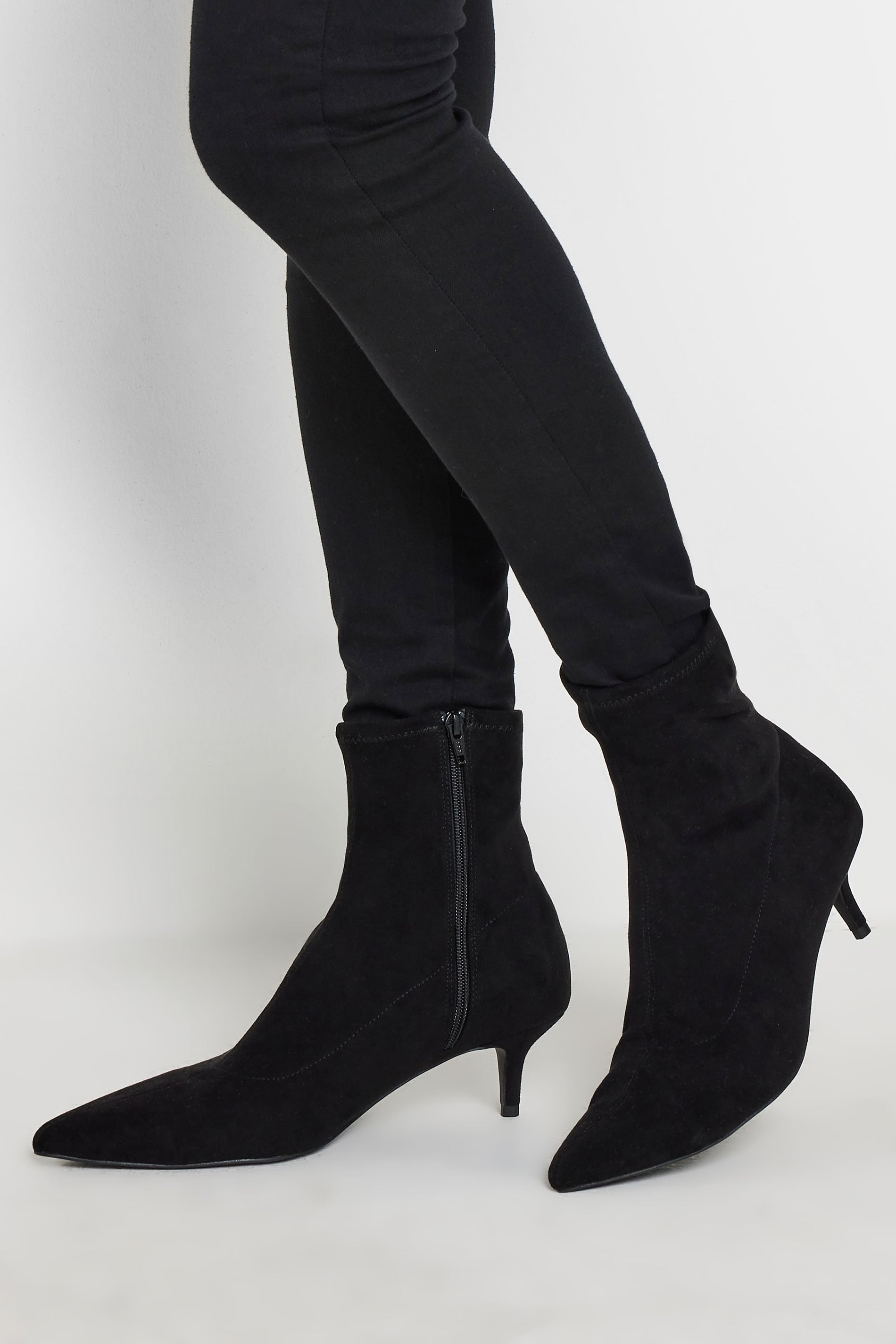 LTS Black Faux Suede Kitten Heeled Boots In Standard Fit | Long Tall Sally 1