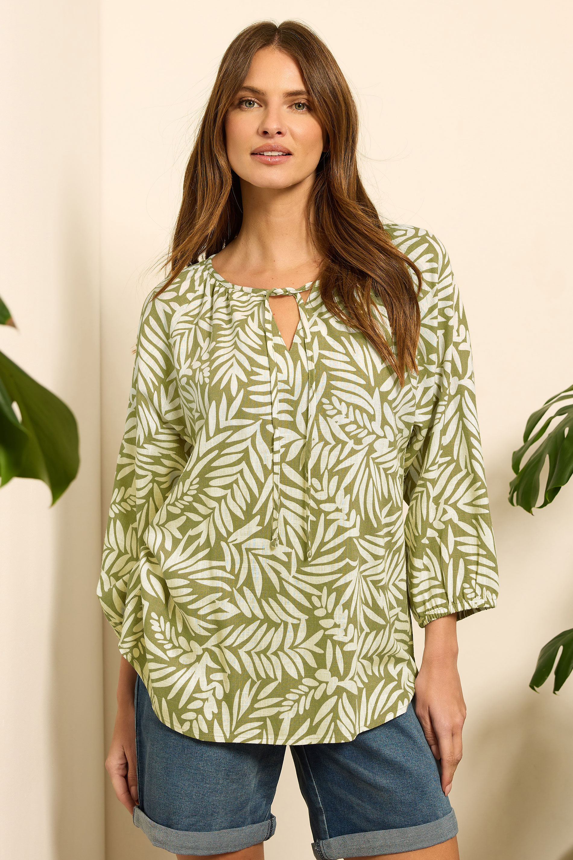M&Co Green Leaf Print Tie Neck Linen Blouse | M&Co 1