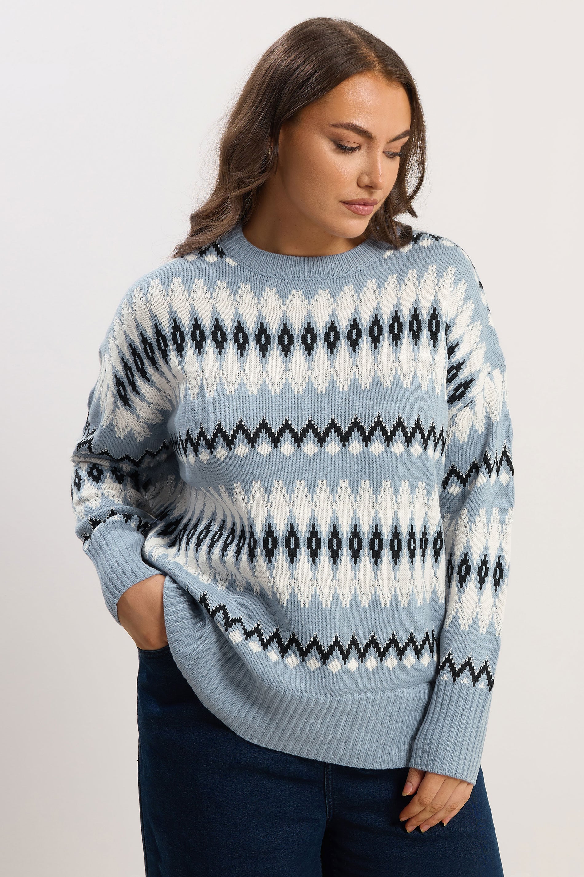 YOURS Plus Size Blue Fairisle  Knitted Jumper | Yours Clothing 3