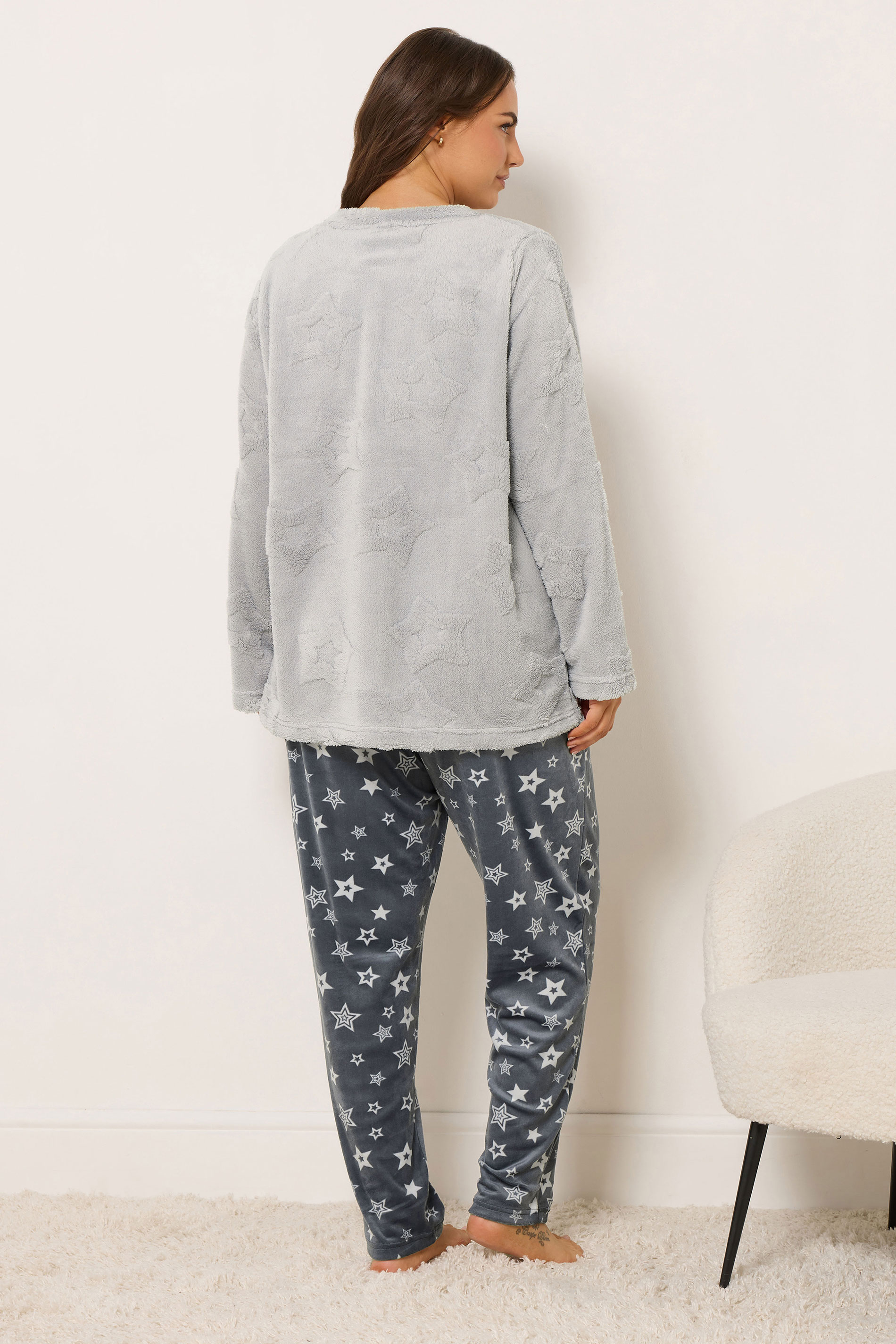 YOURS Plus Size Grey Embossed Star Borg Lounge Set | Yours Clothing 2
