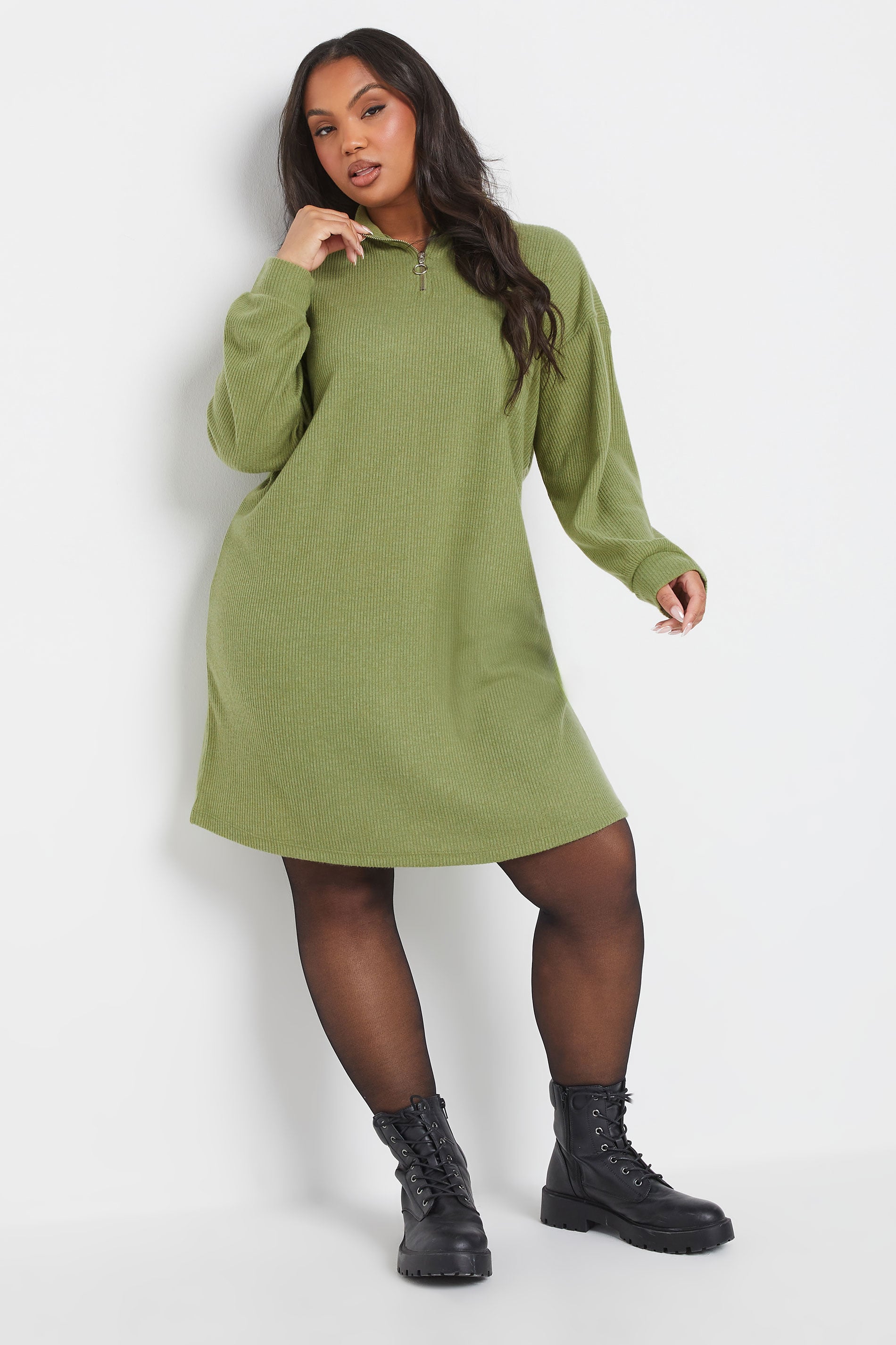 YOURS Plus Size Green Zip Neck Ribbed Jumper Dress | Yours Clothing 3
