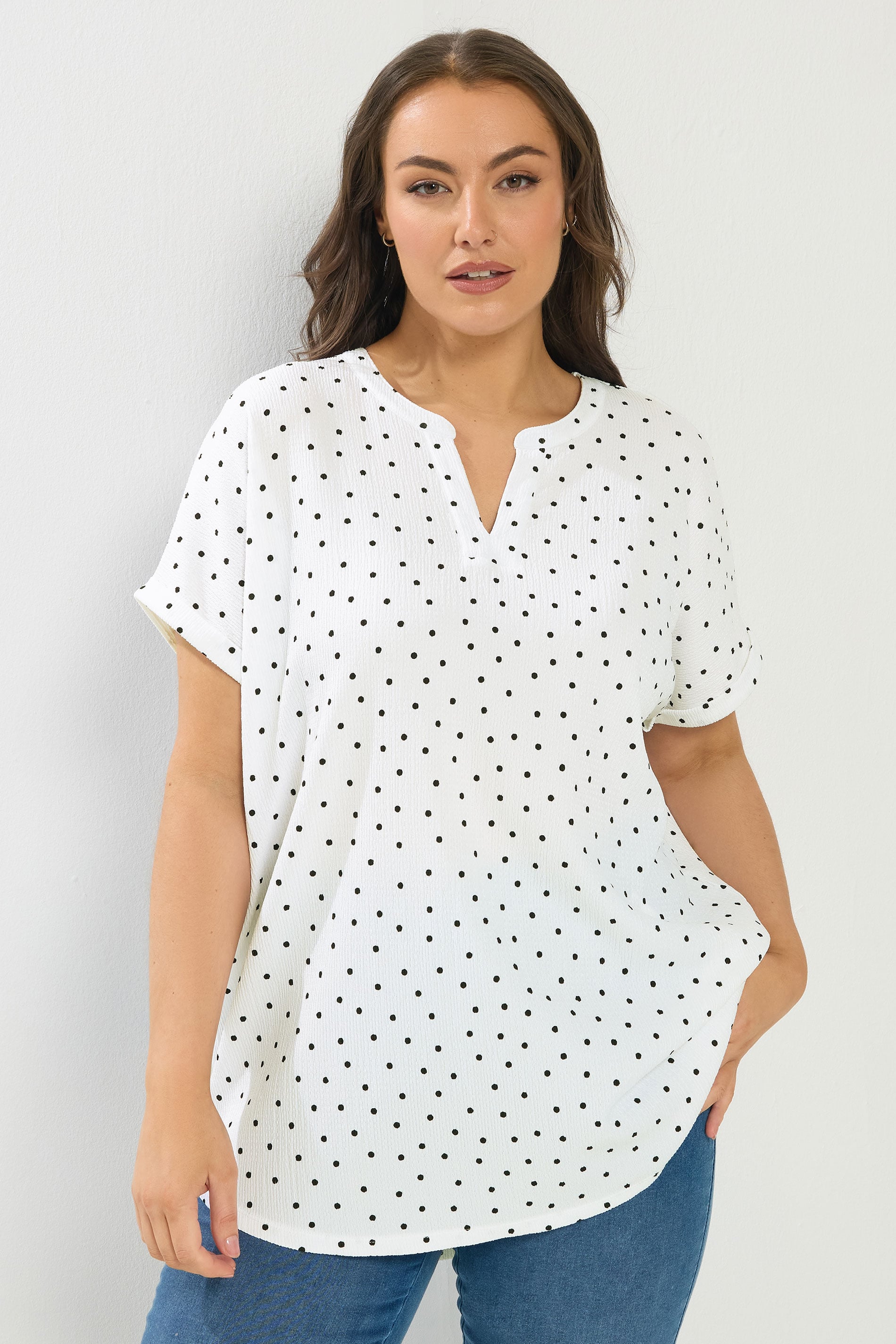 YOURS Plus Size White Textured Polka Dot Notch Neck Top | Yours Clothing 3