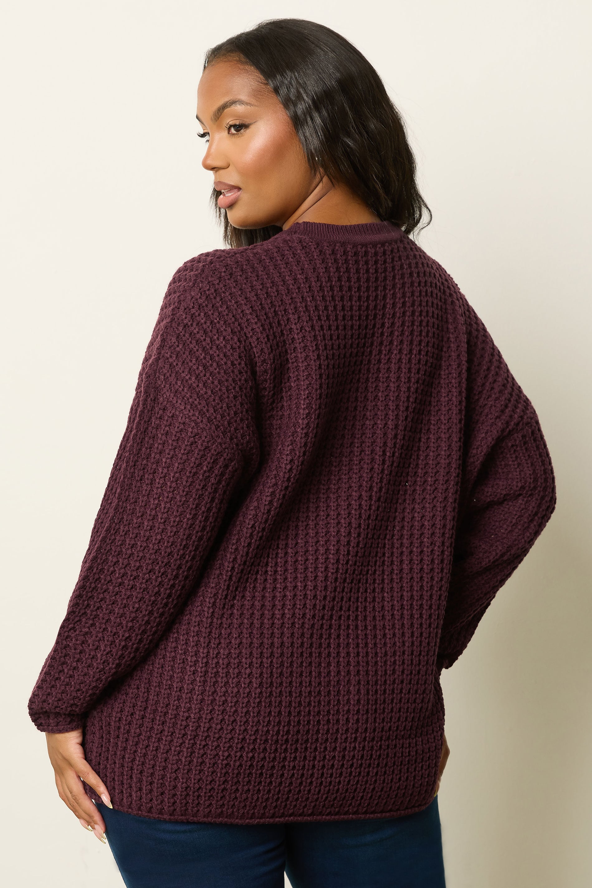 YOURS Plus Size Burgundy Red Waffle Knit Jumper | Yours Clothing 5