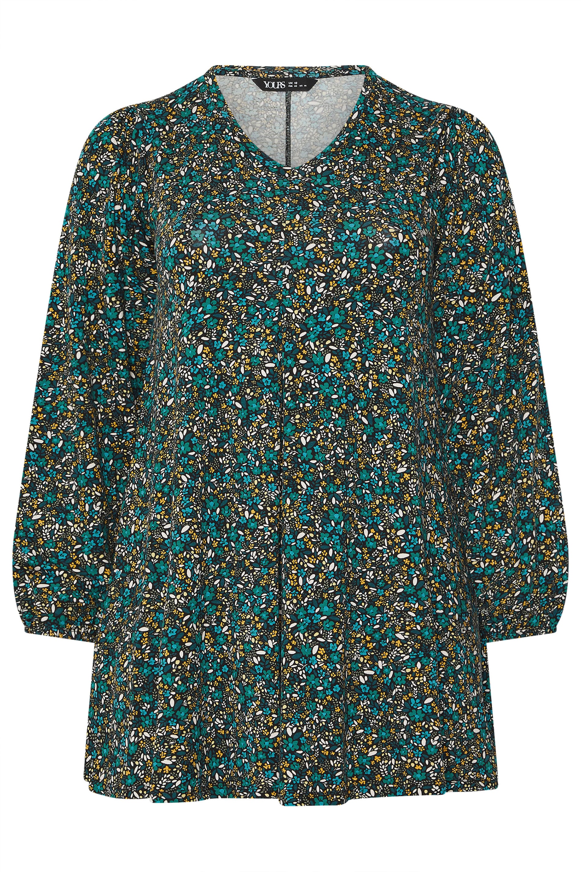 YOURS Plus Size Green & Blue Ditsy Floral Print Pleat Front Top | Yours Clothing 5