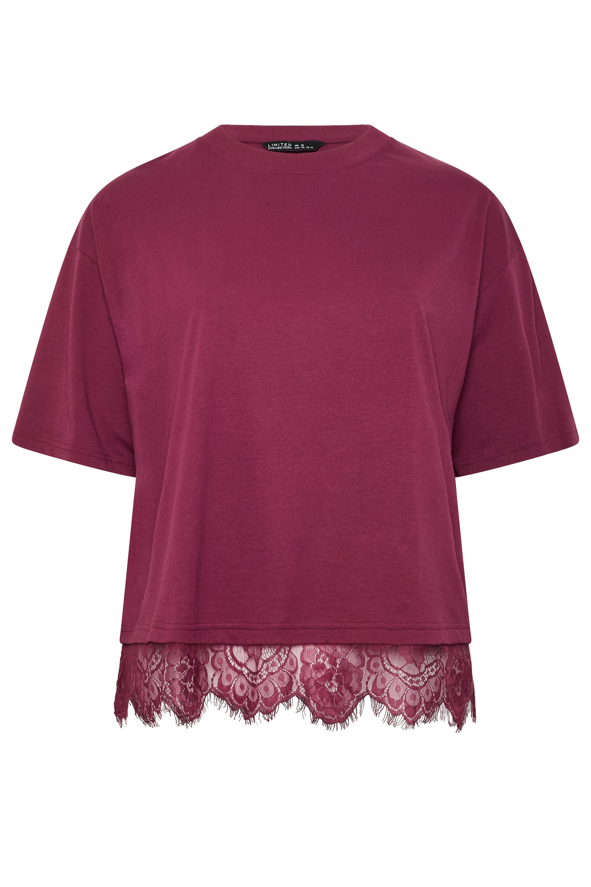 LIMITED COLLECTION Plus Size Burgundy Red Oversized Lace Hem T-Shirt | Yours Clothing 1