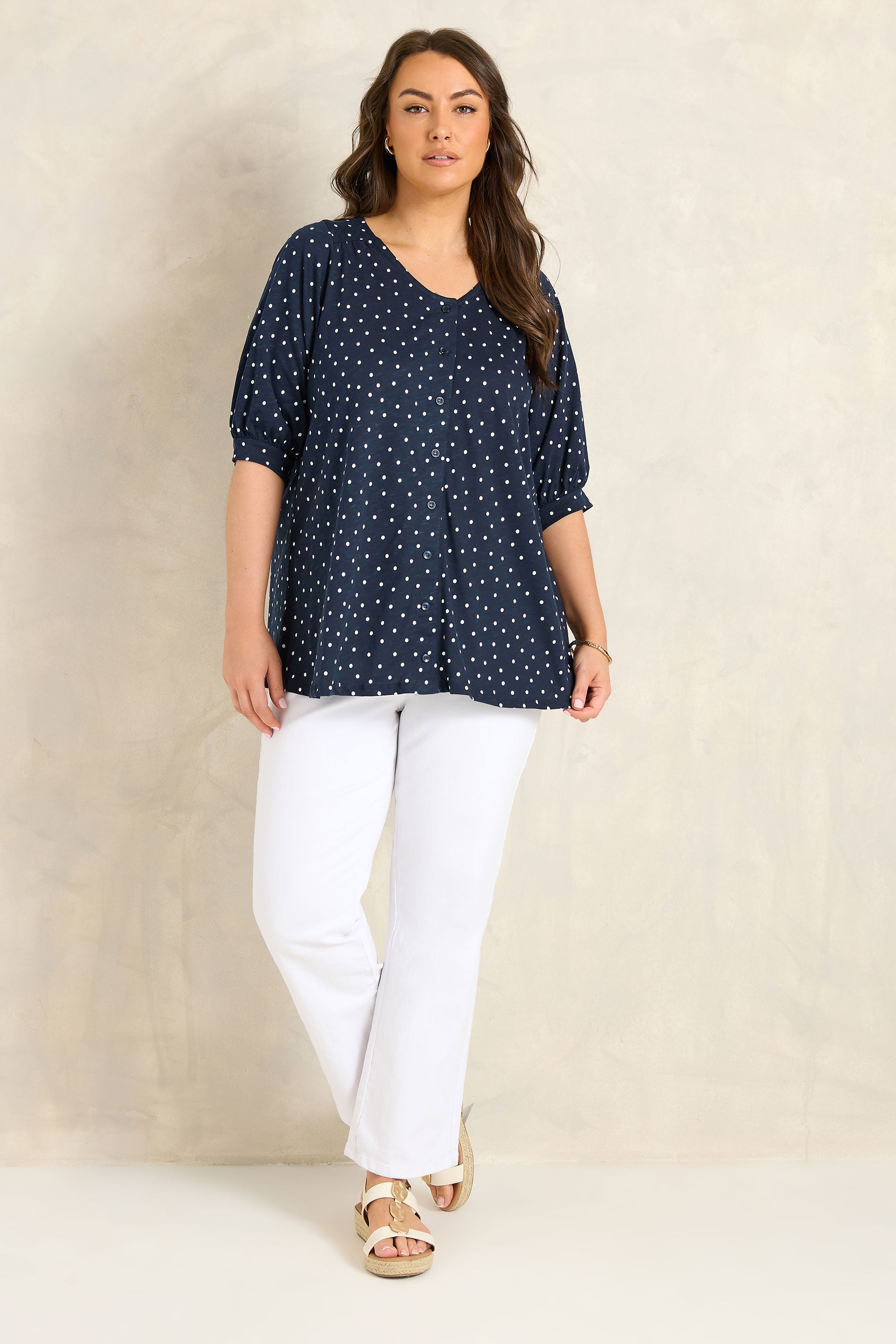 EVANS Curve Navy Blue Polka Dot Cotton Top | Evans 4