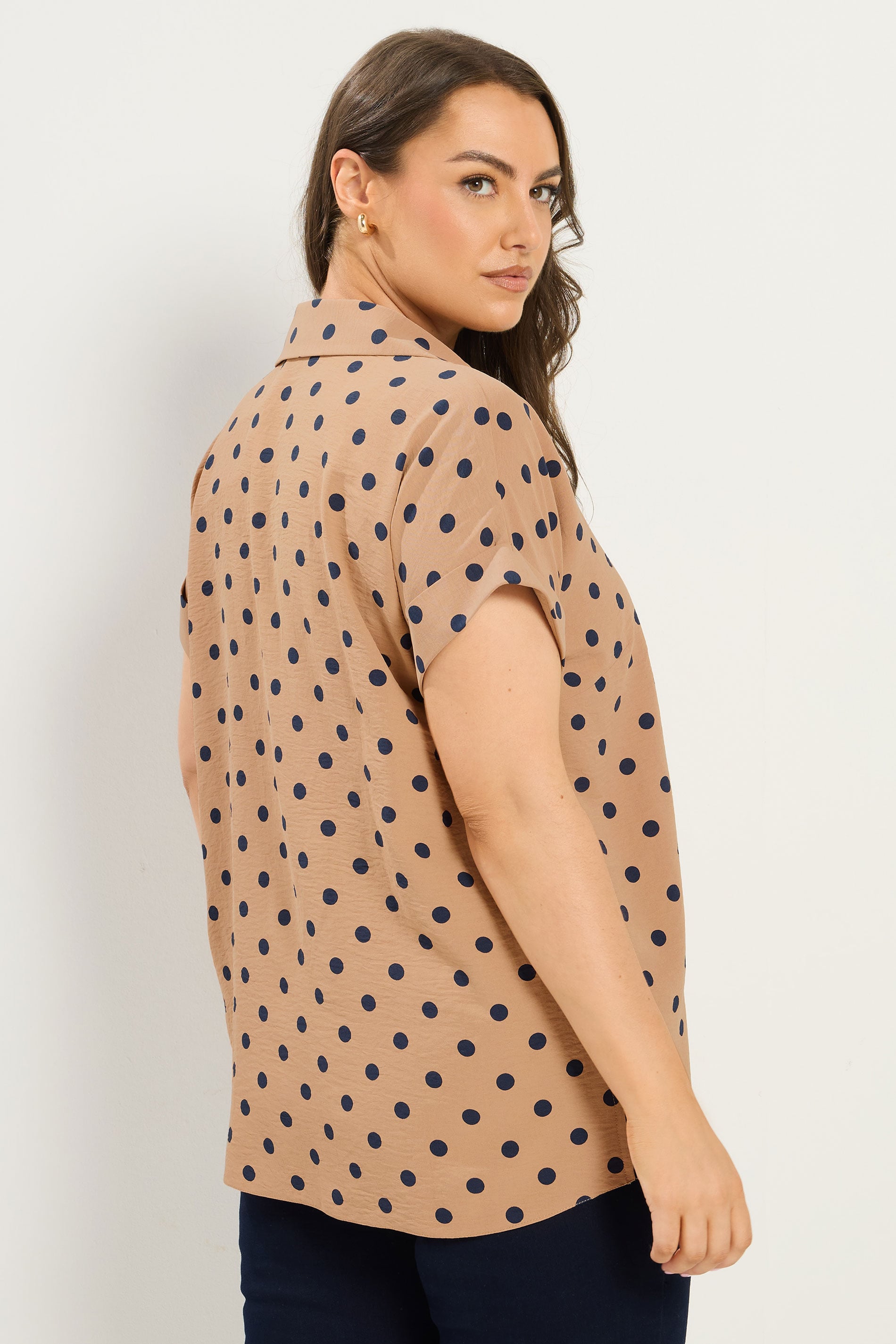 YOURS Plus Size Natural Brown Polka Dot Pleat Front Shirt | Yours Clothing 2