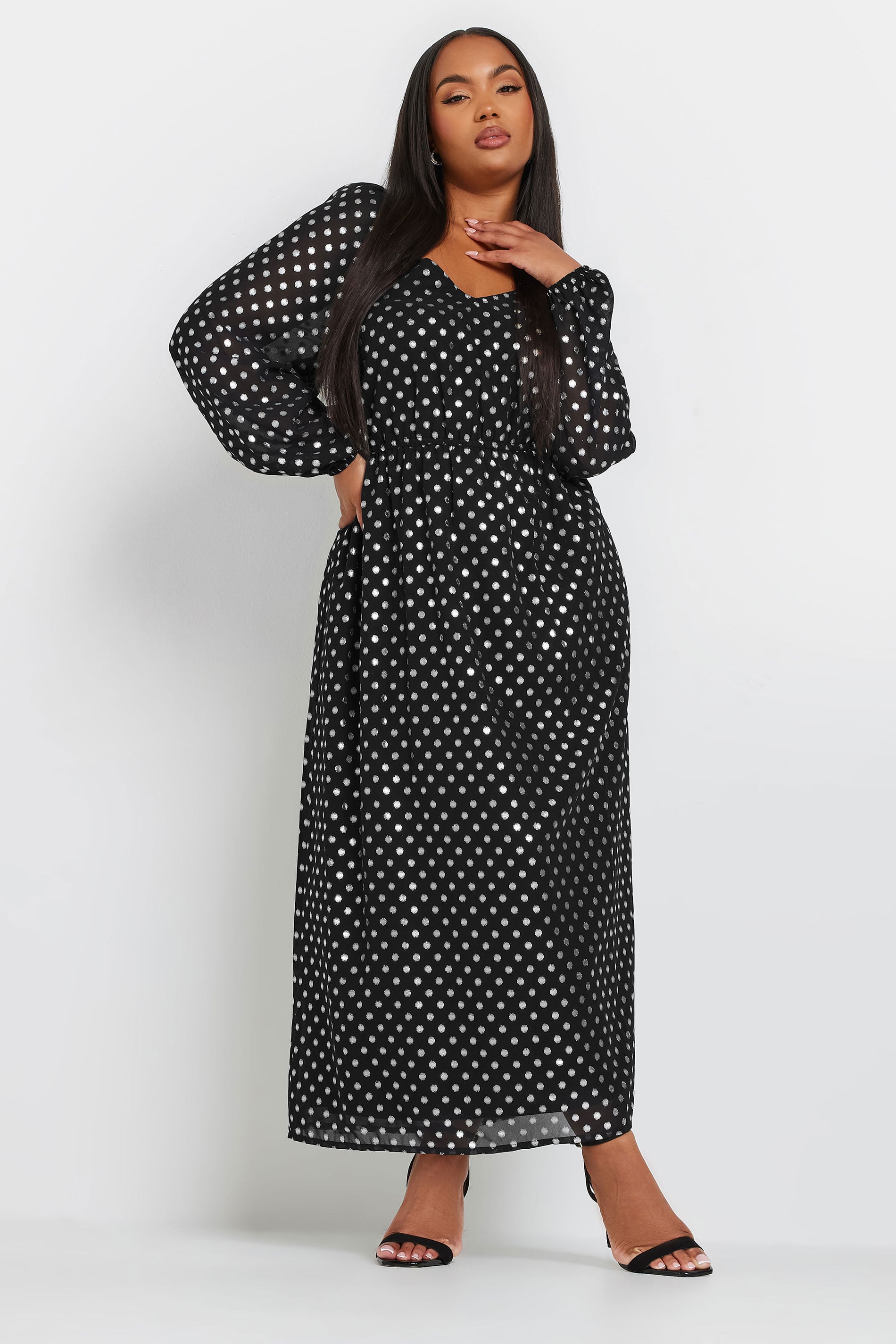 YOURS Plus Size Black Silver Polka Dot Chiffon Maxi Dress | Yours Clothing  1