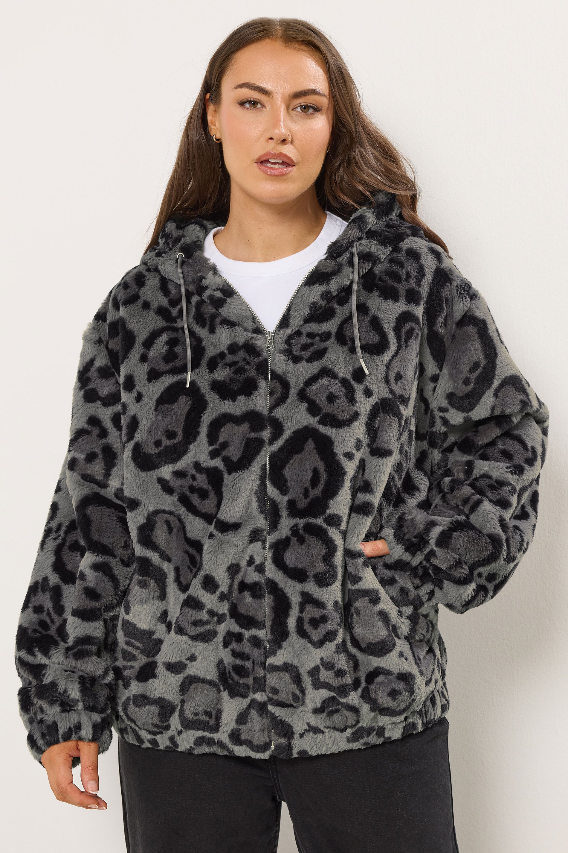 YOURS Plus Size Grey Leopard Print Faux Fur Hooded Jacket | Yours Clothing 3