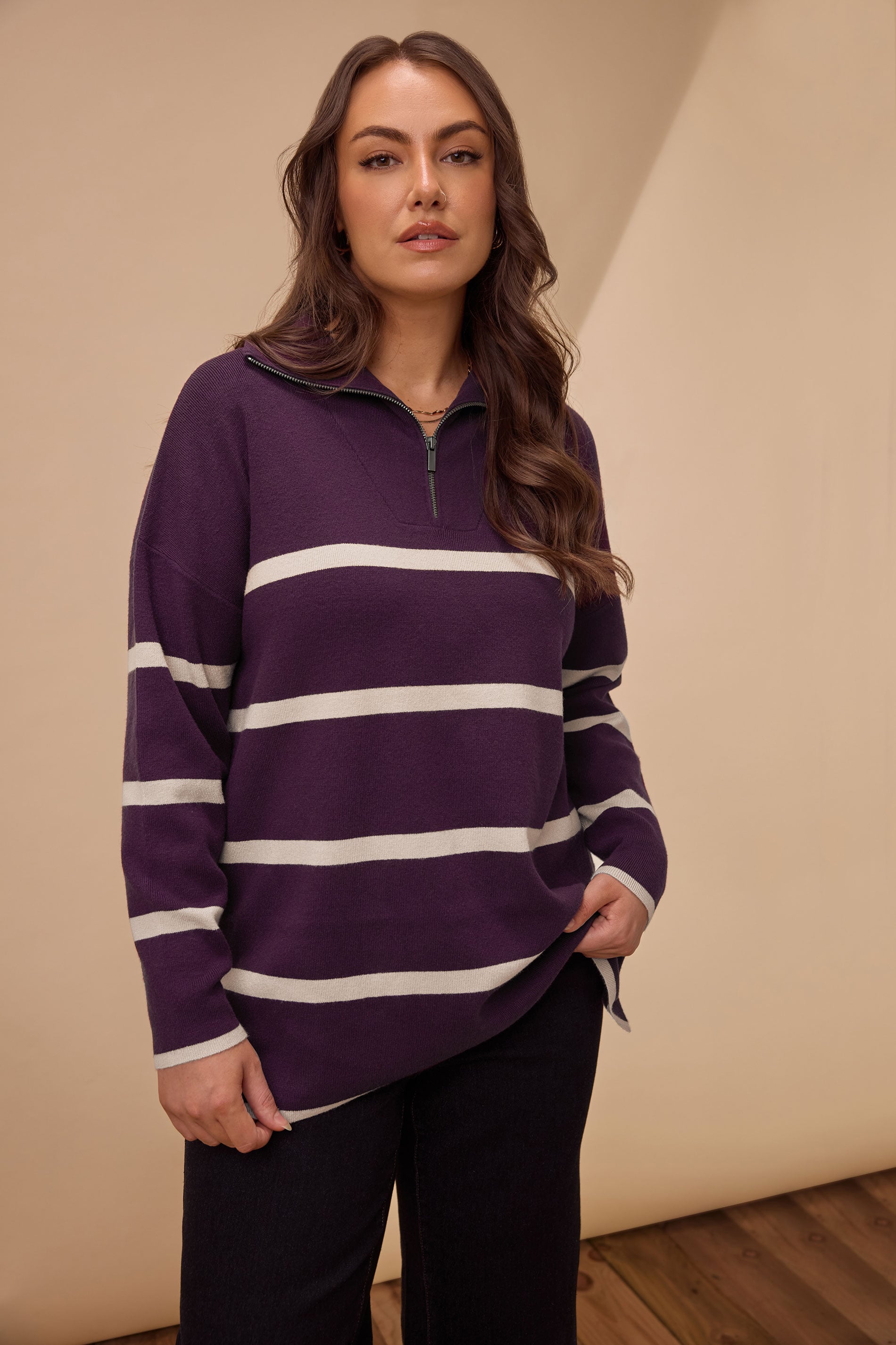 EVANS Plus Size Purple & White Stripe Quarter Zip Jumper | Evans  3