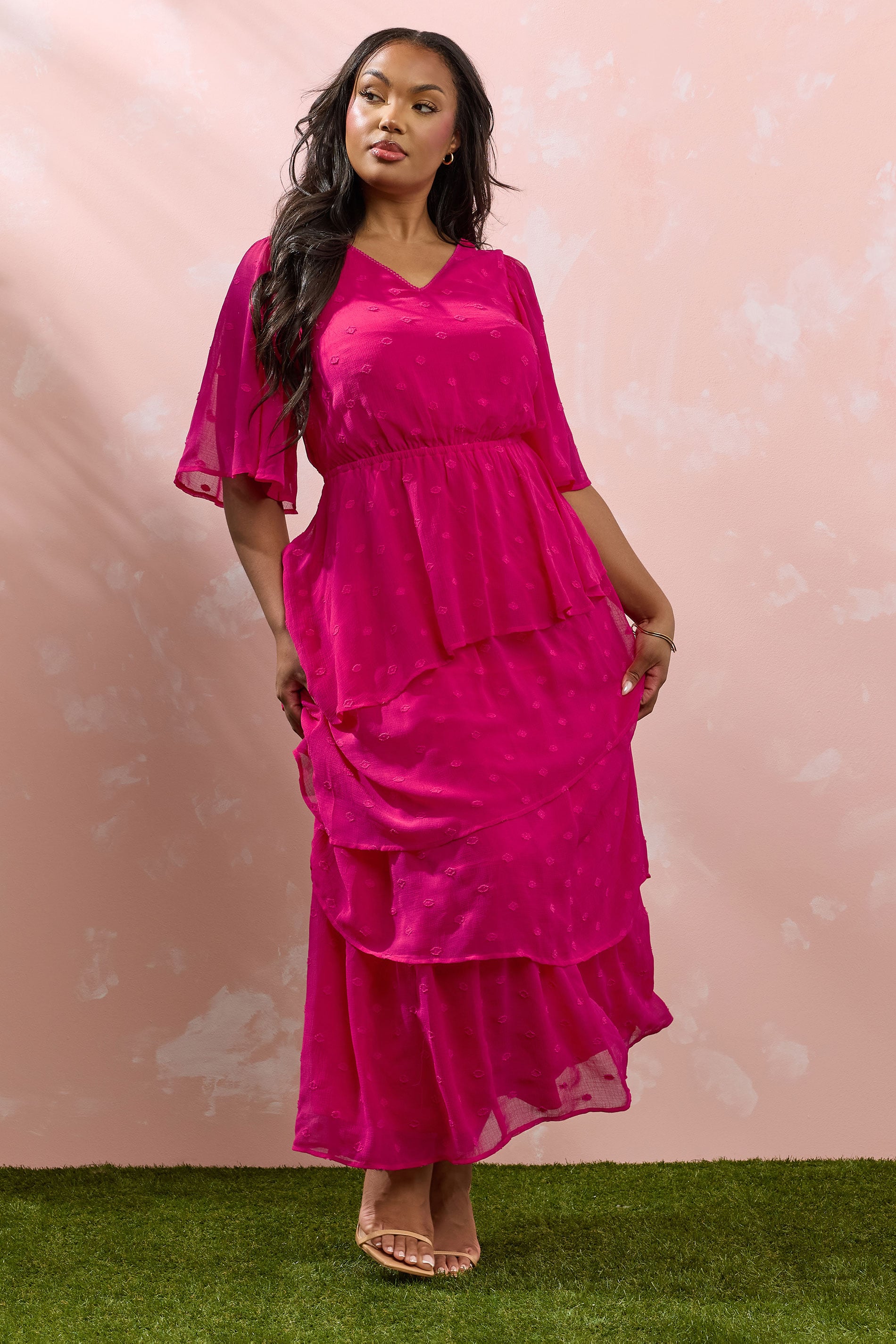 YOURS Plus Size Bright Pink Dobby Frill Maxi Dress | Yours Clothing 3