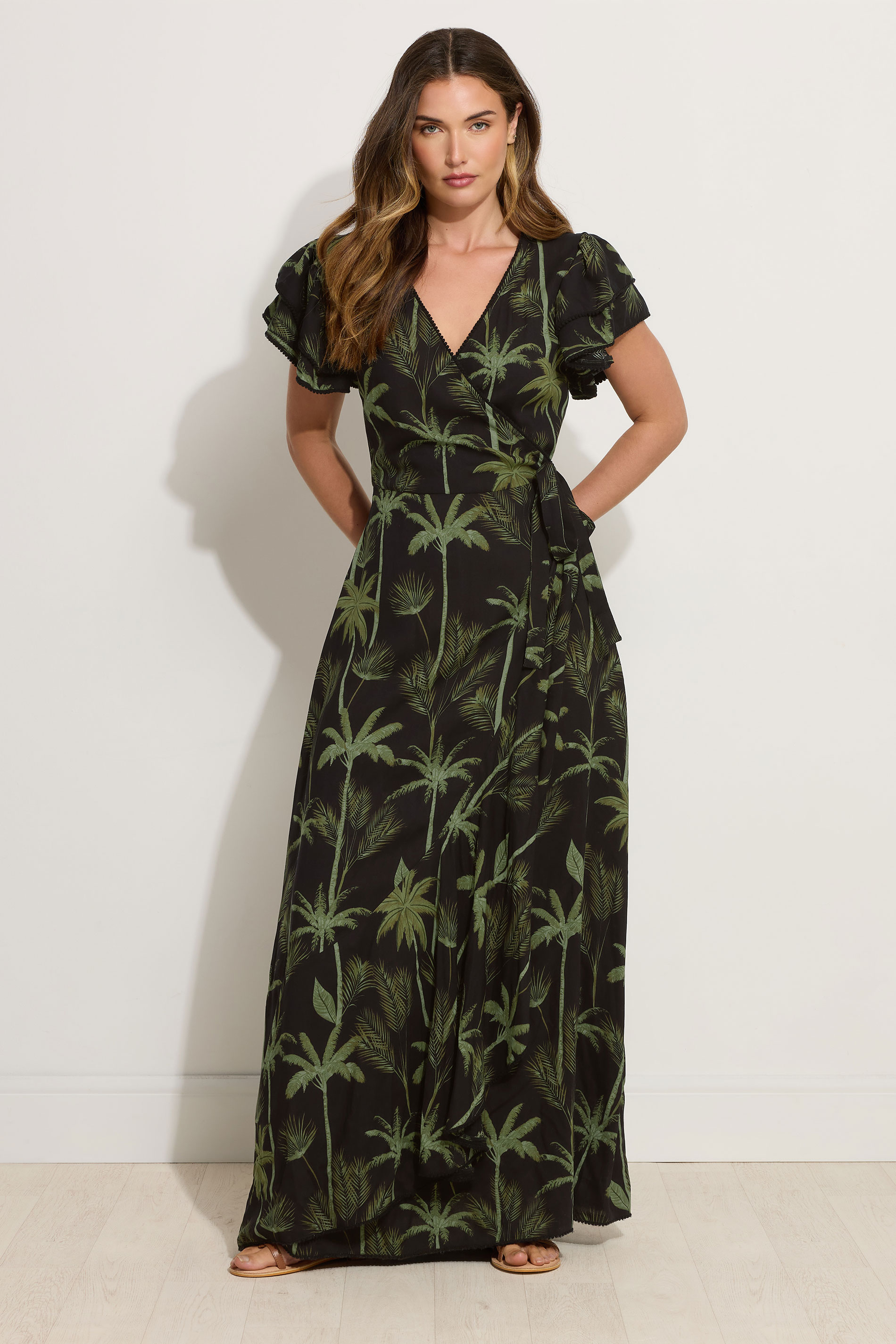 LTS Tall Black Tropical Palm Frill Sleeve Maxi Dress | Long Tall Sally 2