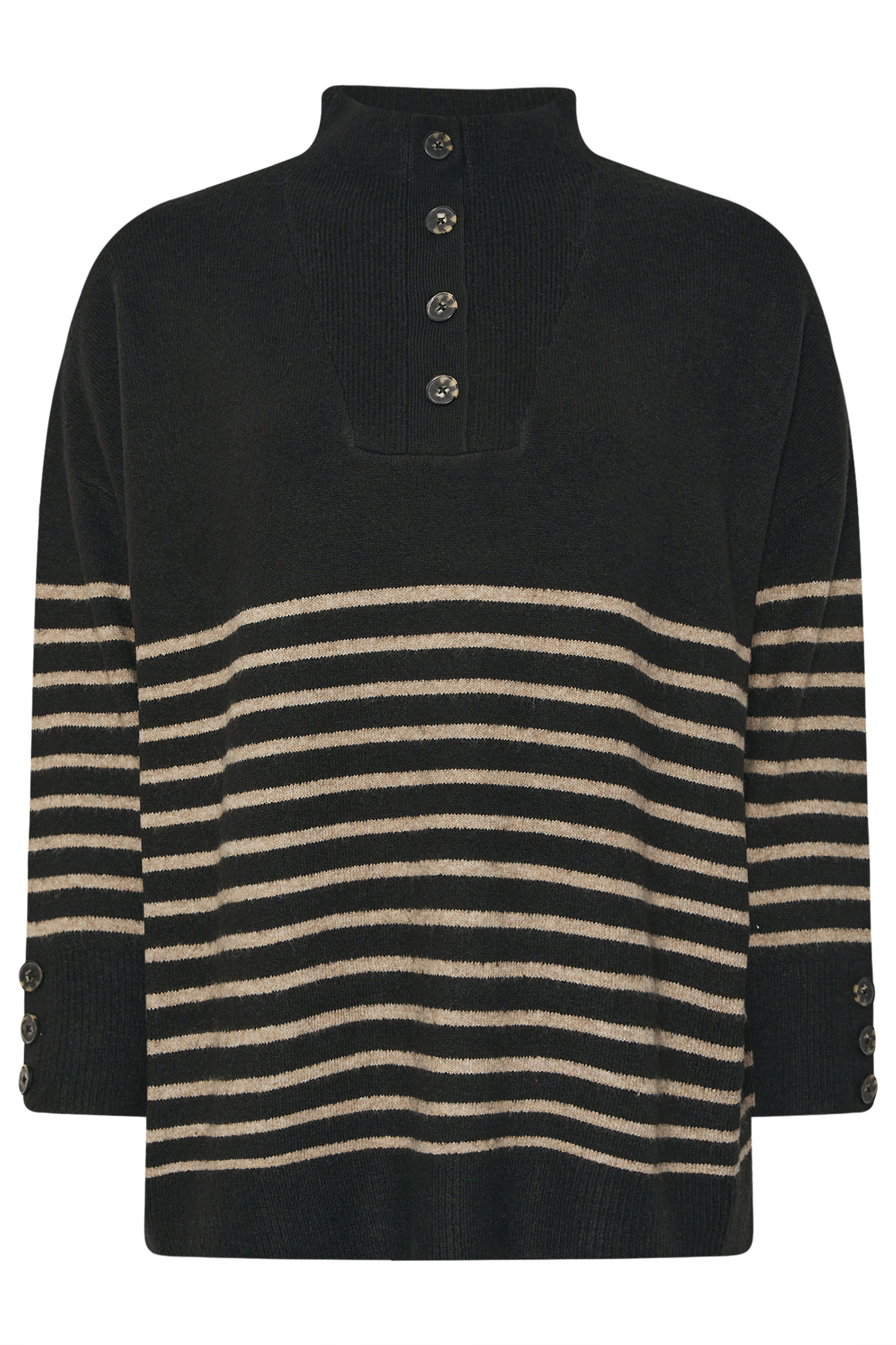 YOURS Plus Size Black & Beige Brown Striped Button Neck Jumper | Yours Clothing 5