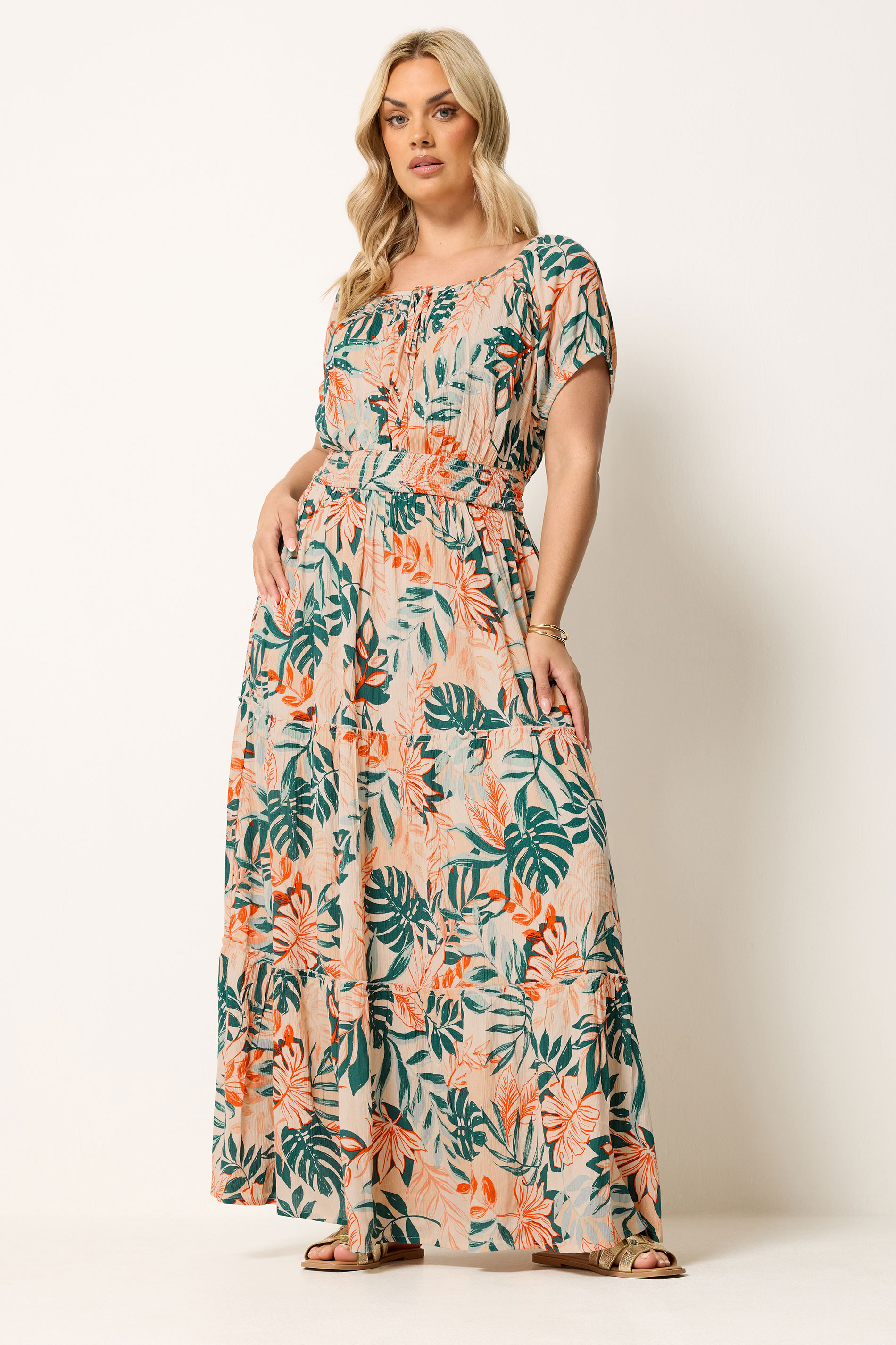 YOURS Plus Size Cream Leaf Tie Neck Bardot Maxi Dress | Yours Clothing 1