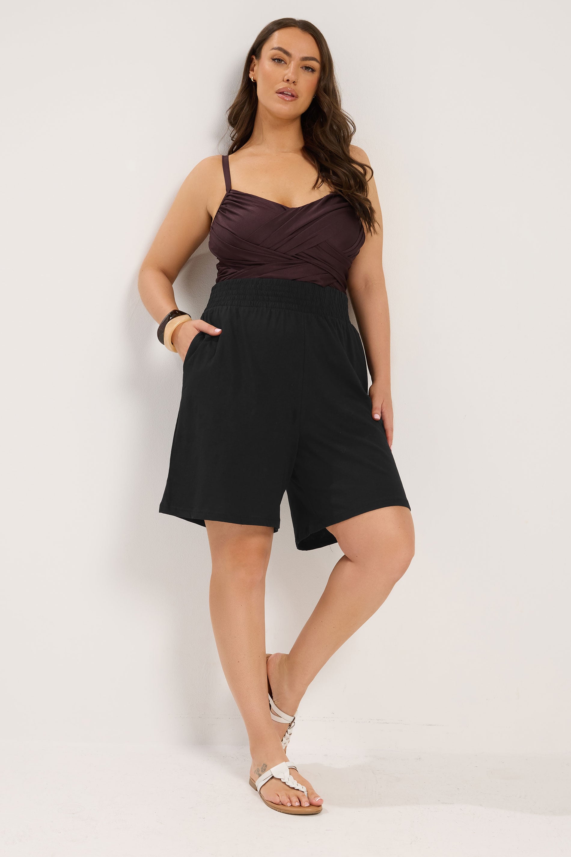 YOURS Plus Size Black Shirred Shorts | Yours Clothing 1