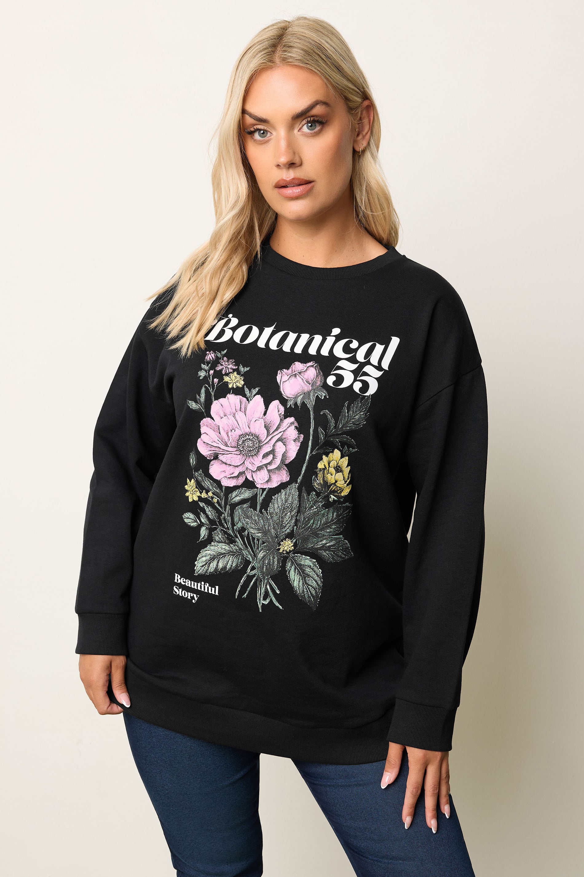 YOURS Plus Size Black 'Botanical' Floral Sweatshirt | Yours Clothing 3