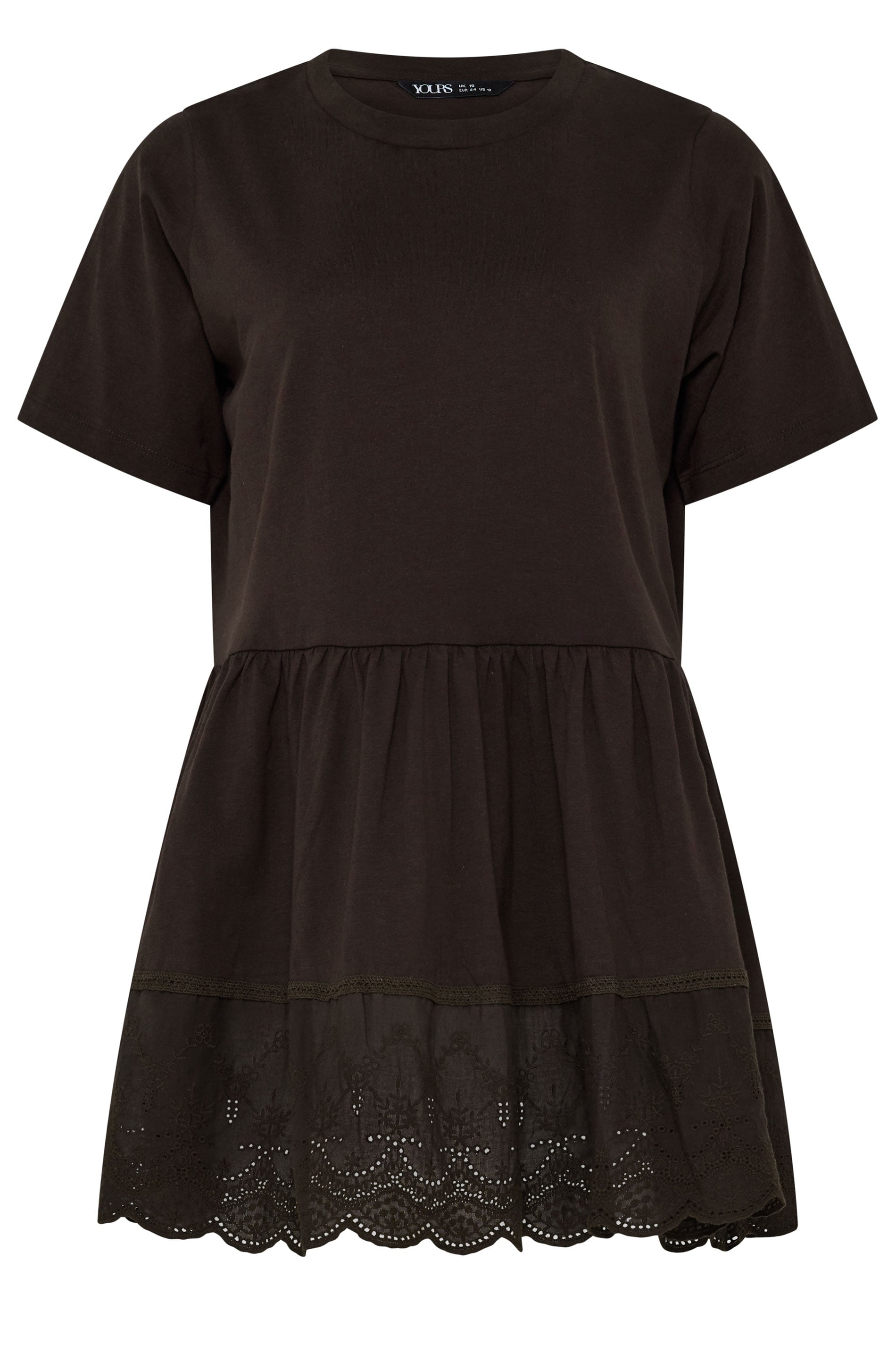 YOURS Plus Size Brown Broderie Anglaise Trim Peplum Top | Yours Clothing 5