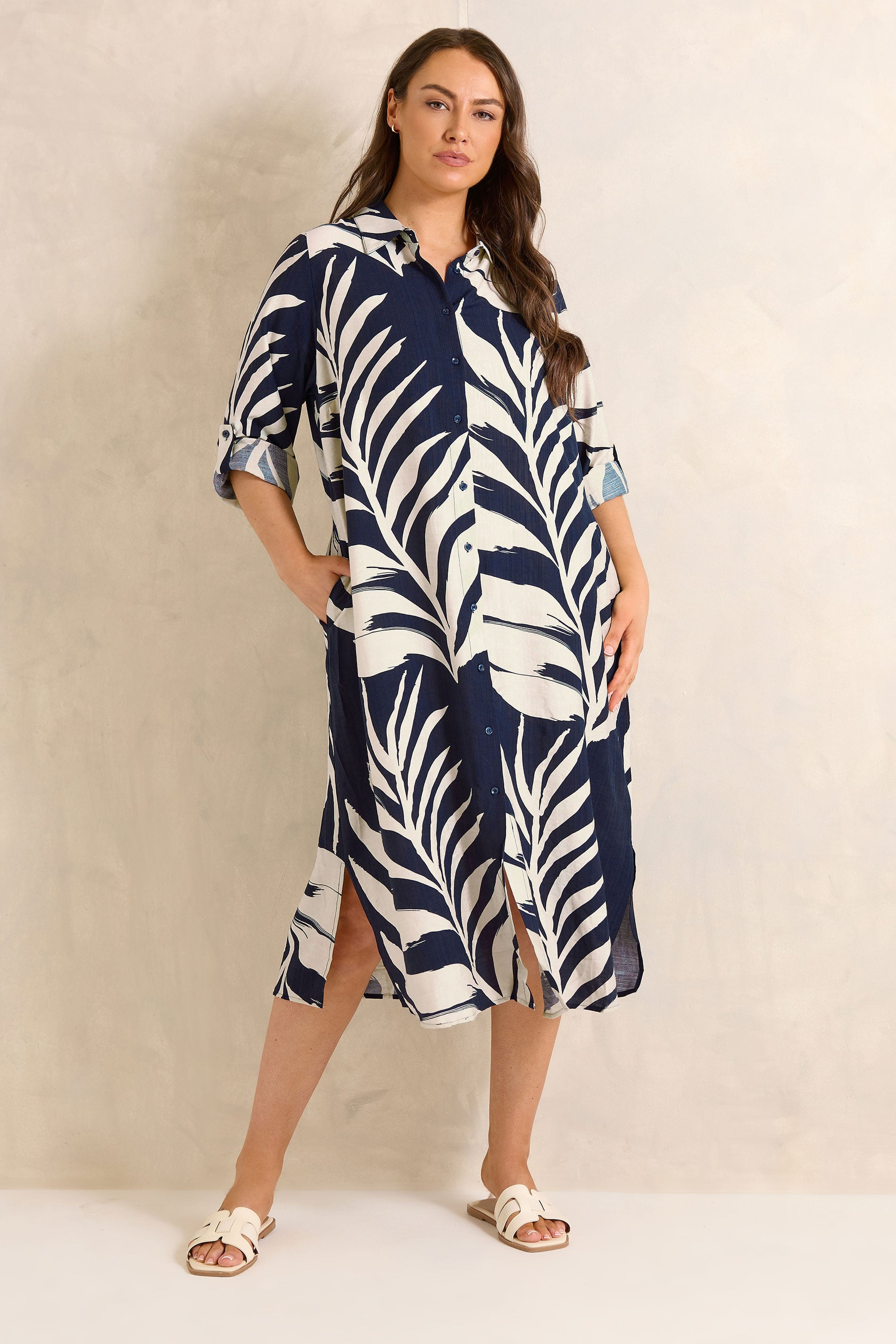 EVANS Plus Size Navy Blue Leaf Print Shirt Dress | Evans 4