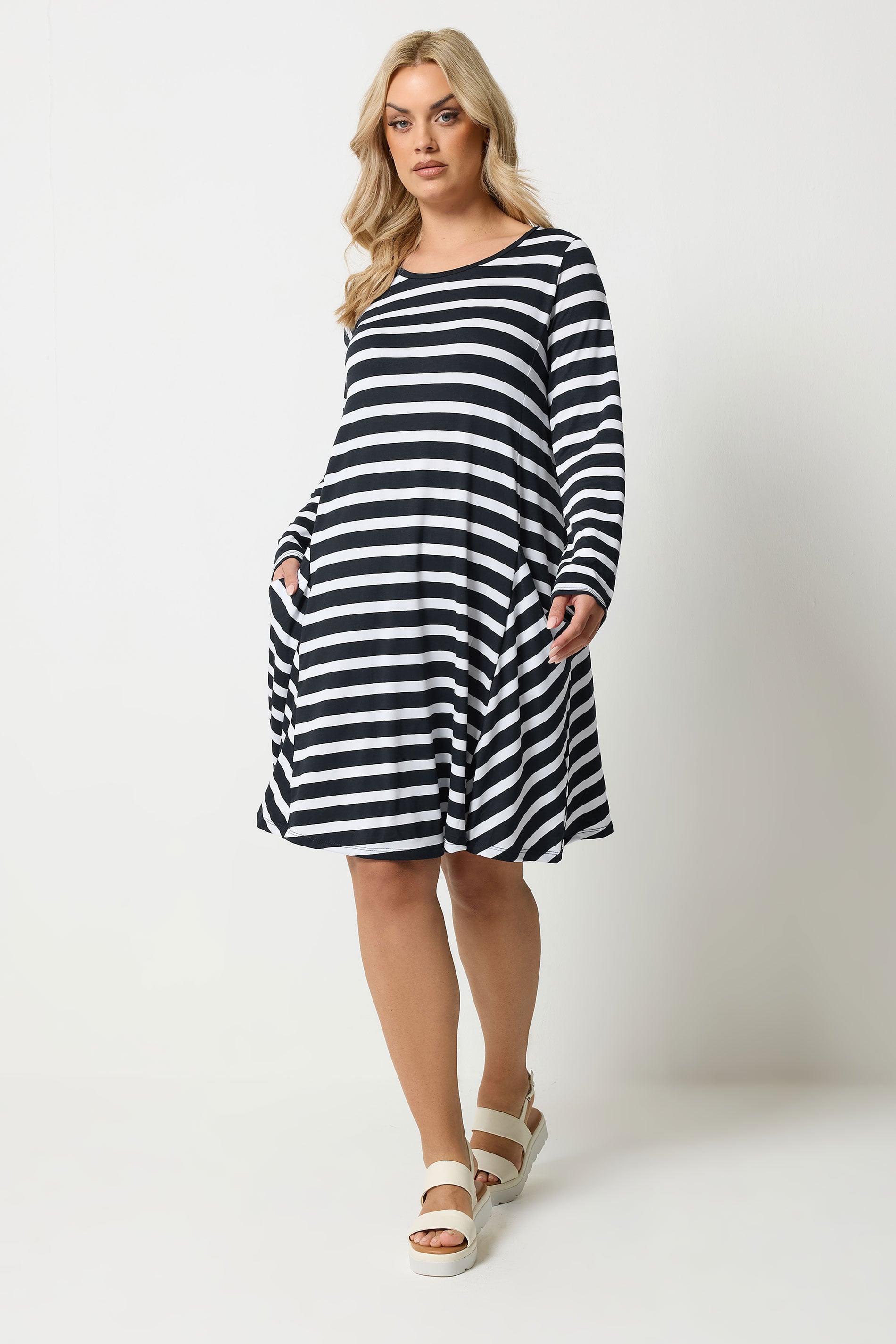 YOURS Plus Size Black Stripe Drape Pocket Dress | Yours Clothing 3